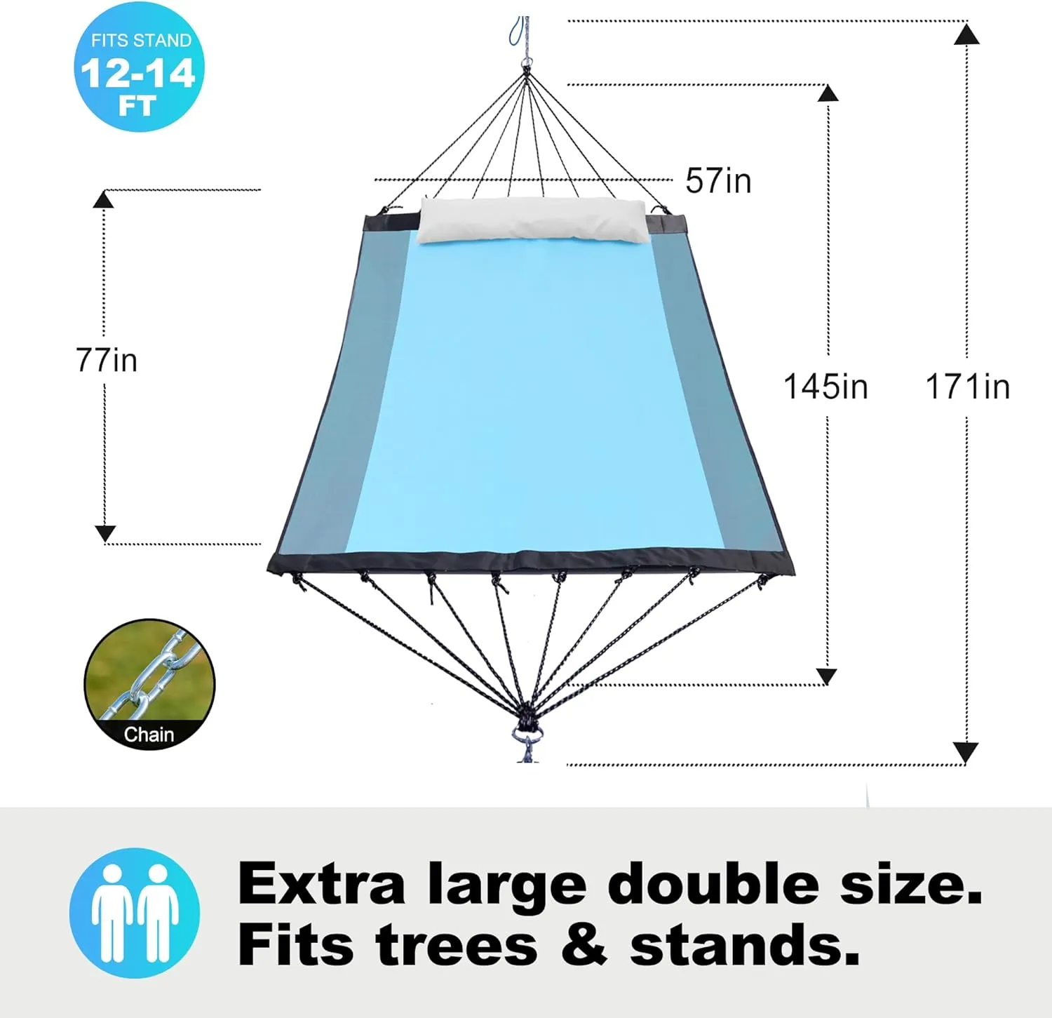 14ft 2 Person Outdoor Hammock, Portable Camping with Folding Steel Spreader Bar, Carrying Bag, Carabiners, Tree Straps, Pillow & Sidebag, Quick Dry Textilene, 550 lbs Capacity (Lakeside Aqua)