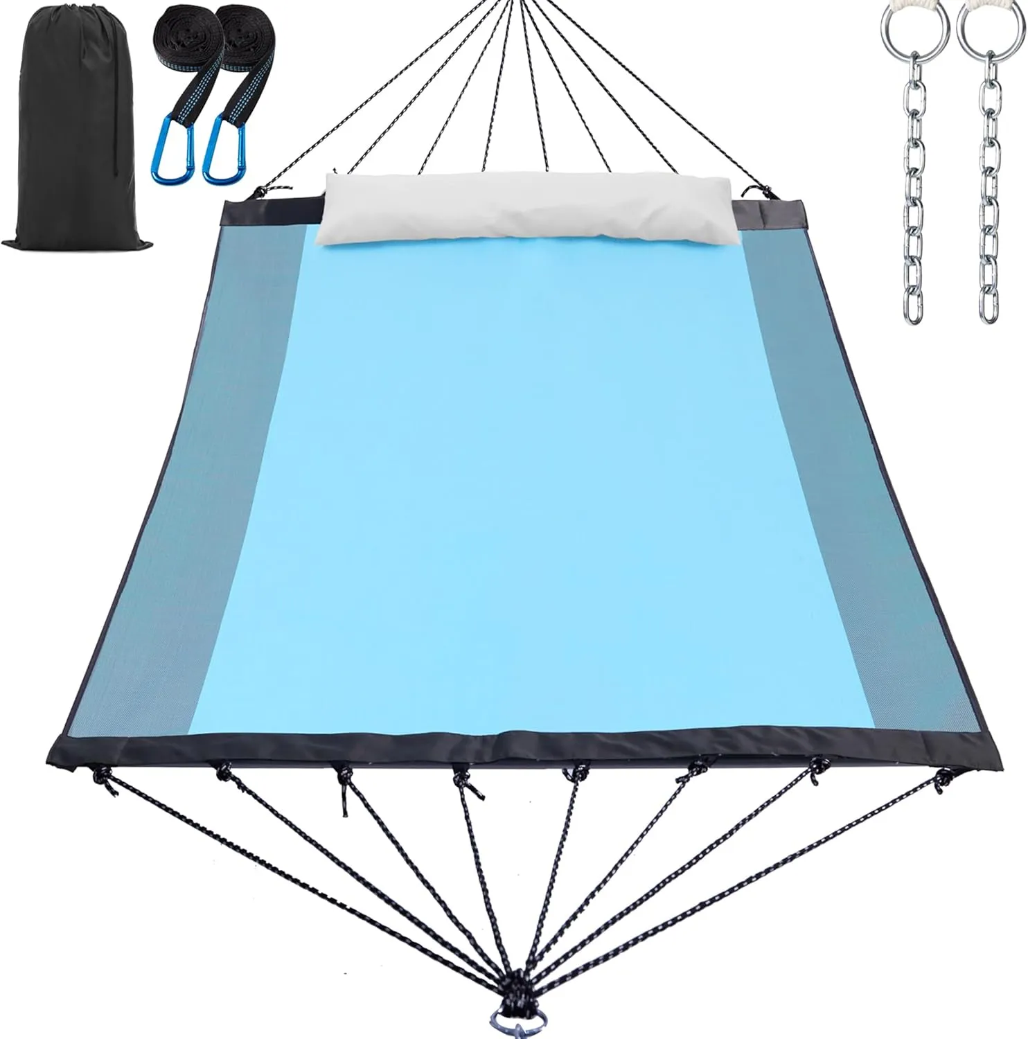 14ft 2 Person Outdoor Hammock, Portable Camping with Folding Steel Spreader Bar, Carrying Bag, Carabiners, Tree Straps, Pillow & Sidebag, Quick Dry Textilene, 550 lbs Capacity (Lakeside Aqua)