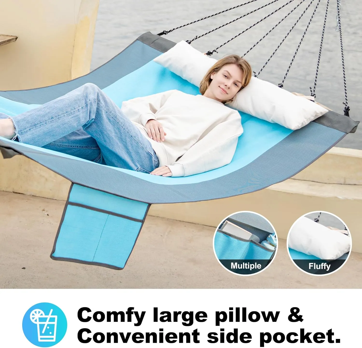 14ft 2 Person Outdoor Hammock, Portable Camping with Folding Steel Spreader Bar, Carrying Bag, Carabiners, Tree Straps, Pillow & Sidebag, Quick Dry Textilene, 550 lbs Capacity (Lakeside Aqua)