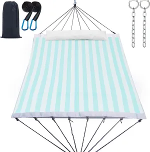 14ft Two Person Outdoor Hammock, Portable Camping with Folding Steel Spreader Bar, Carrying Bag, Carabiners, Tree Straps, Pillow & Sidebag, Quick Dry Textilene, 550 lbs Capacity (Cyan)