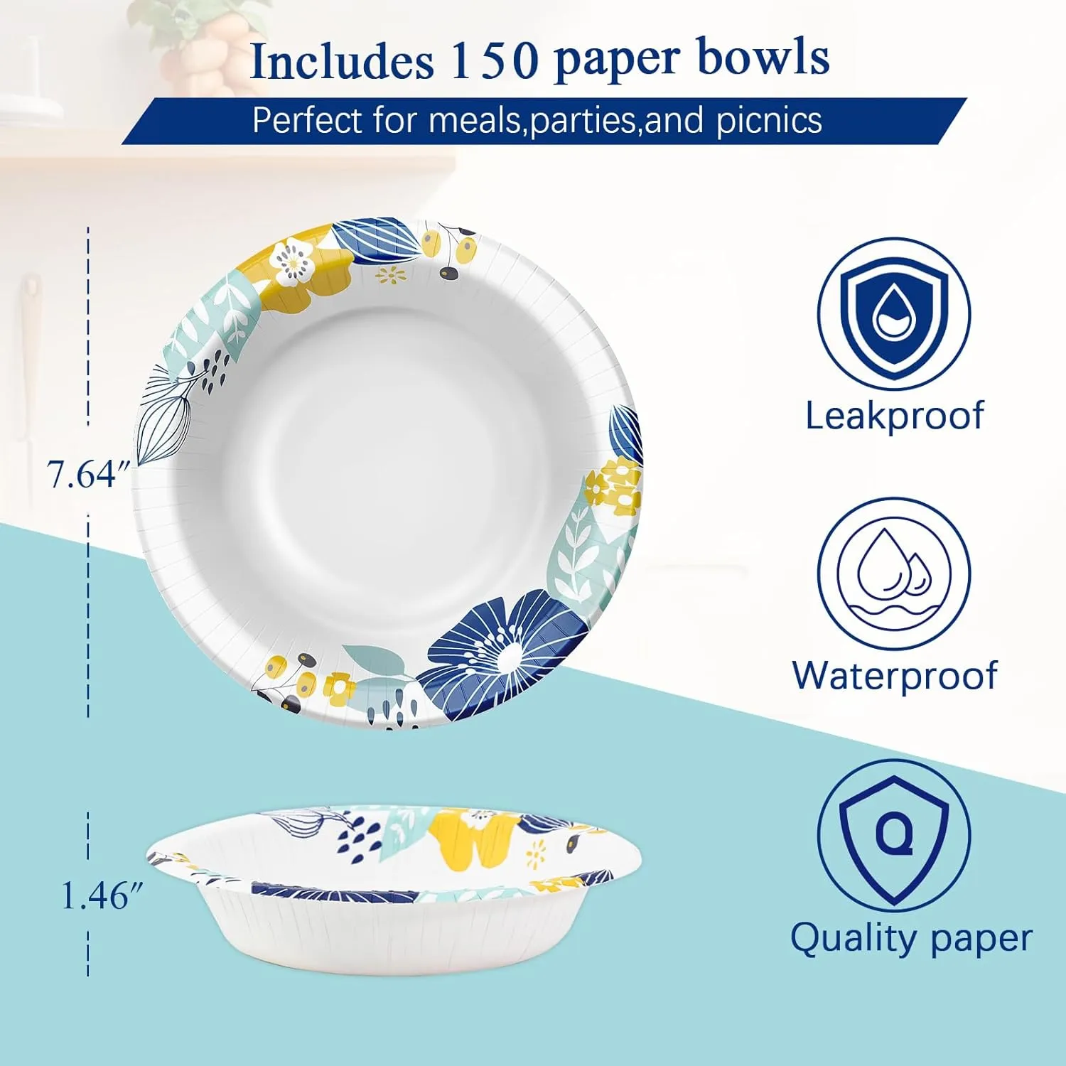 150 Packs Paper Bowls, 20 oz Disposable Bowls, Heavy Duty Paper Bowl for Hot Soup and Salad, Bulk Bowls for Party and Picnics
