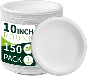 150 Pieces 10" White Compostable Sugarcane Fiber Plates - Heavy Duty, Microwave & Freezer Safe, BPA Free, Biodegradable - Perfect for Daily Meals, Parties, Weddings