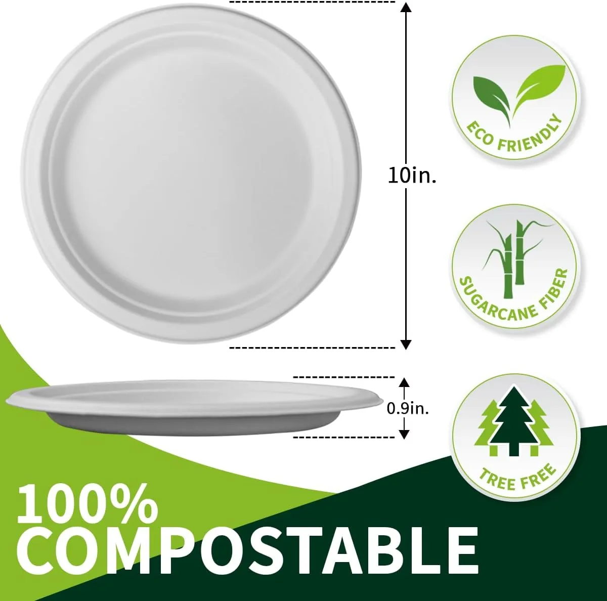 150 Pieces 10" White Compostable Sugarcane Fiber Plates - Heavy Duty, Microwave & Freezer Safe, BPA Free, Biodegradable - Perfect for Daily Meals, Parties, Weddings