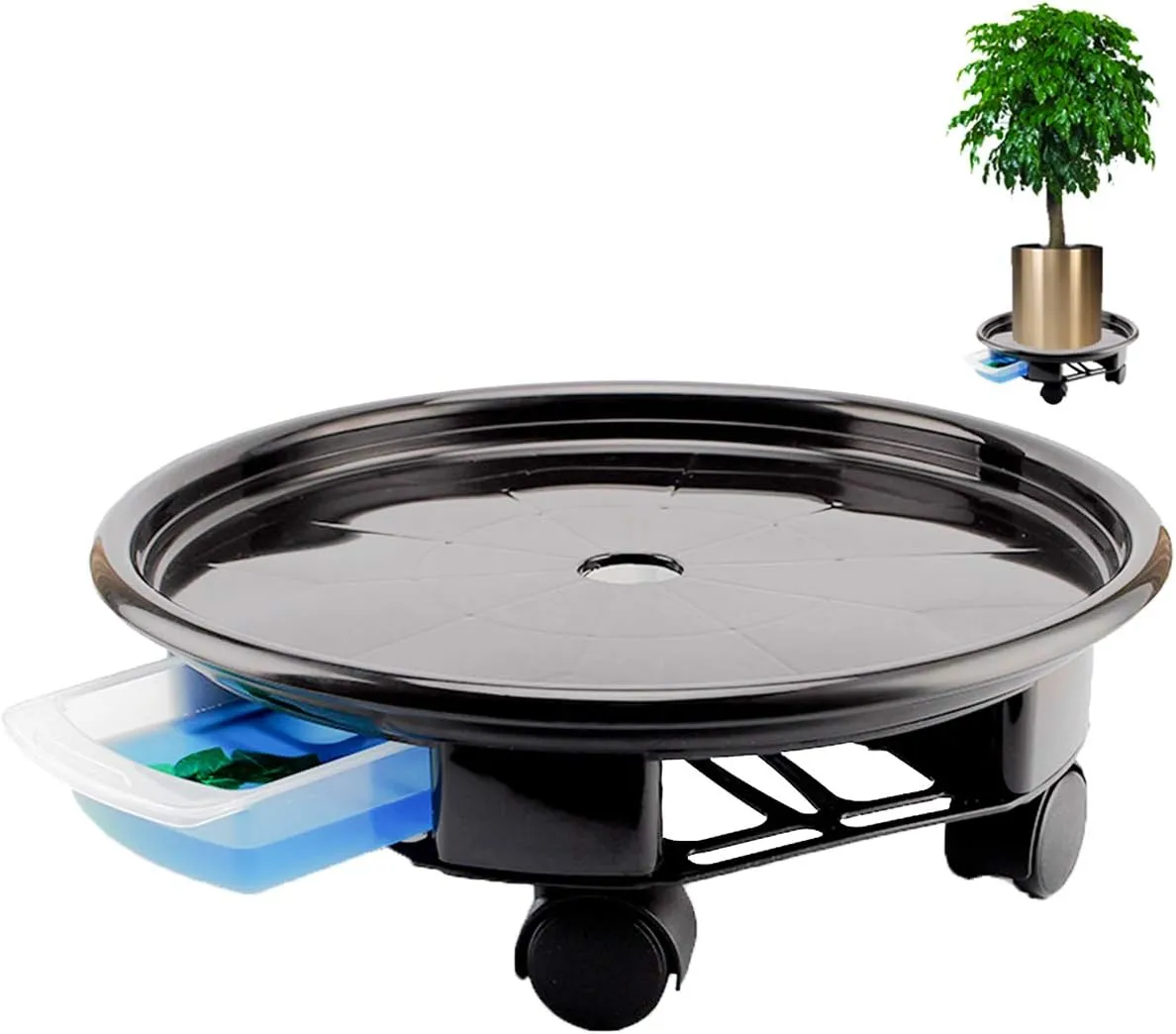 16.3 Inch Heavy Duty Plant Caddies with Water Container, Black Plant Stand with Wheels, Indoor Outdoor Planter Trolley Casters Home Graden Planter Dolly on Wheels Rolling Plant Tray (1pc)