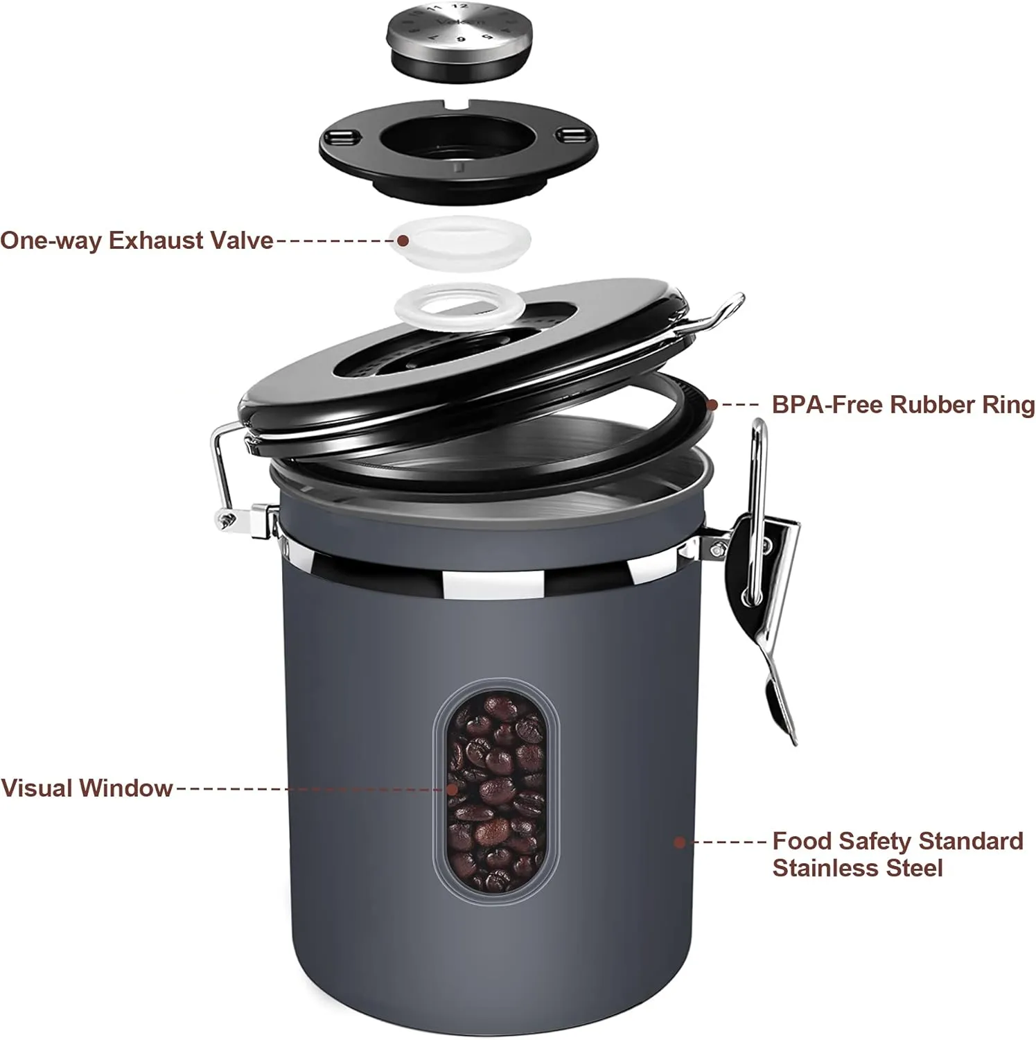 1800ML Airtight Coffee Canister with Date Tracker&Transparent Window, 22.8OZ Coffee Container with 30ML Measure Spoon&4 co2 Valve, Coffee Bean Storage Container for Grounds Coffee, Beans, Tea(Gray)