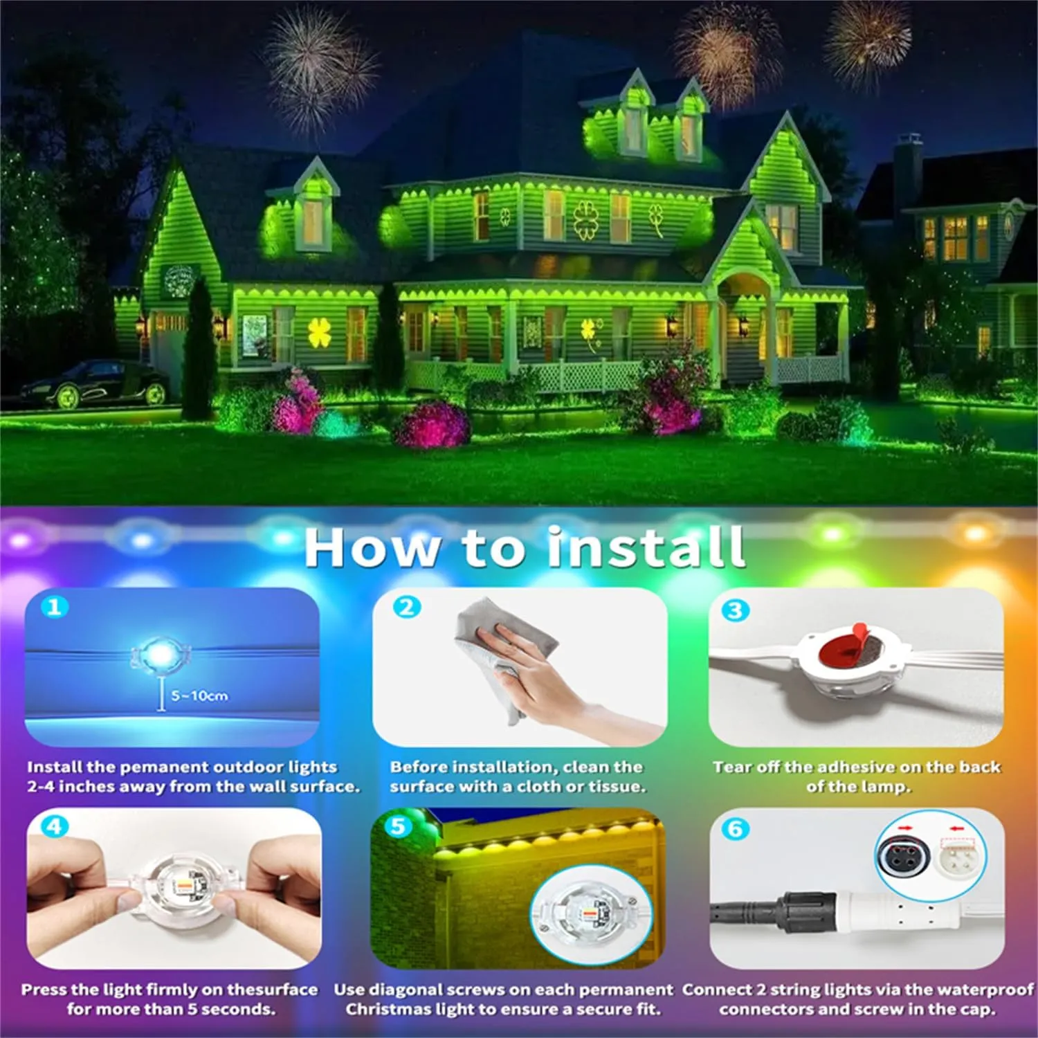 180FT Permanent Outdoor RGB Lights - IP67 Waterproof with Smart App Control Remote, DIY Scene Modes, Music Synchronization, Eaves Lights for Garden Decor, Deck, Party, Party,Roof