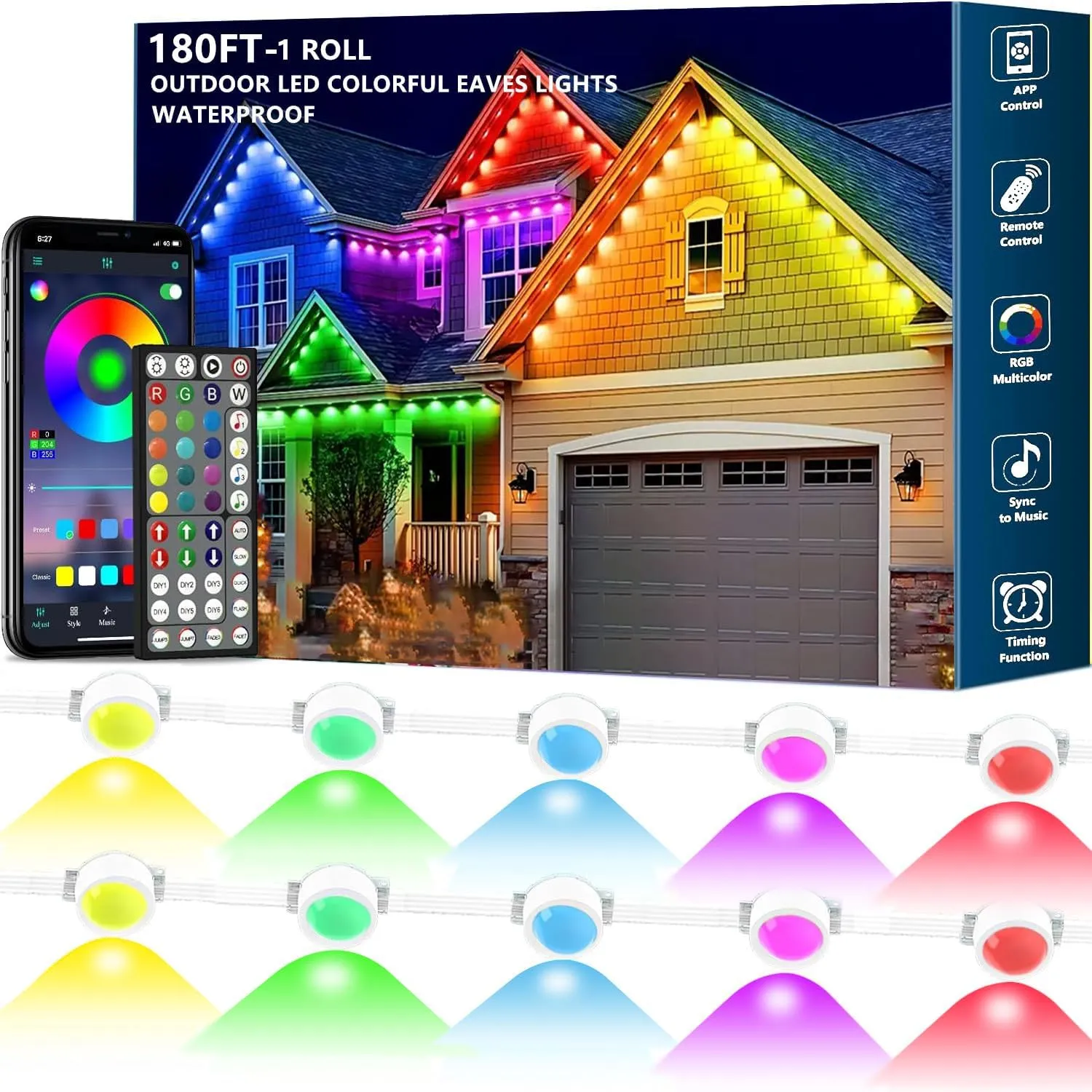180FT Permanent Outdoor RGB Lights - IP67 Waterproof with Smart App Control Remote, DIY Scene Modes, Music Synchronization, Eaves Lights for Garden Decor, Deck, Party, Party,Roof