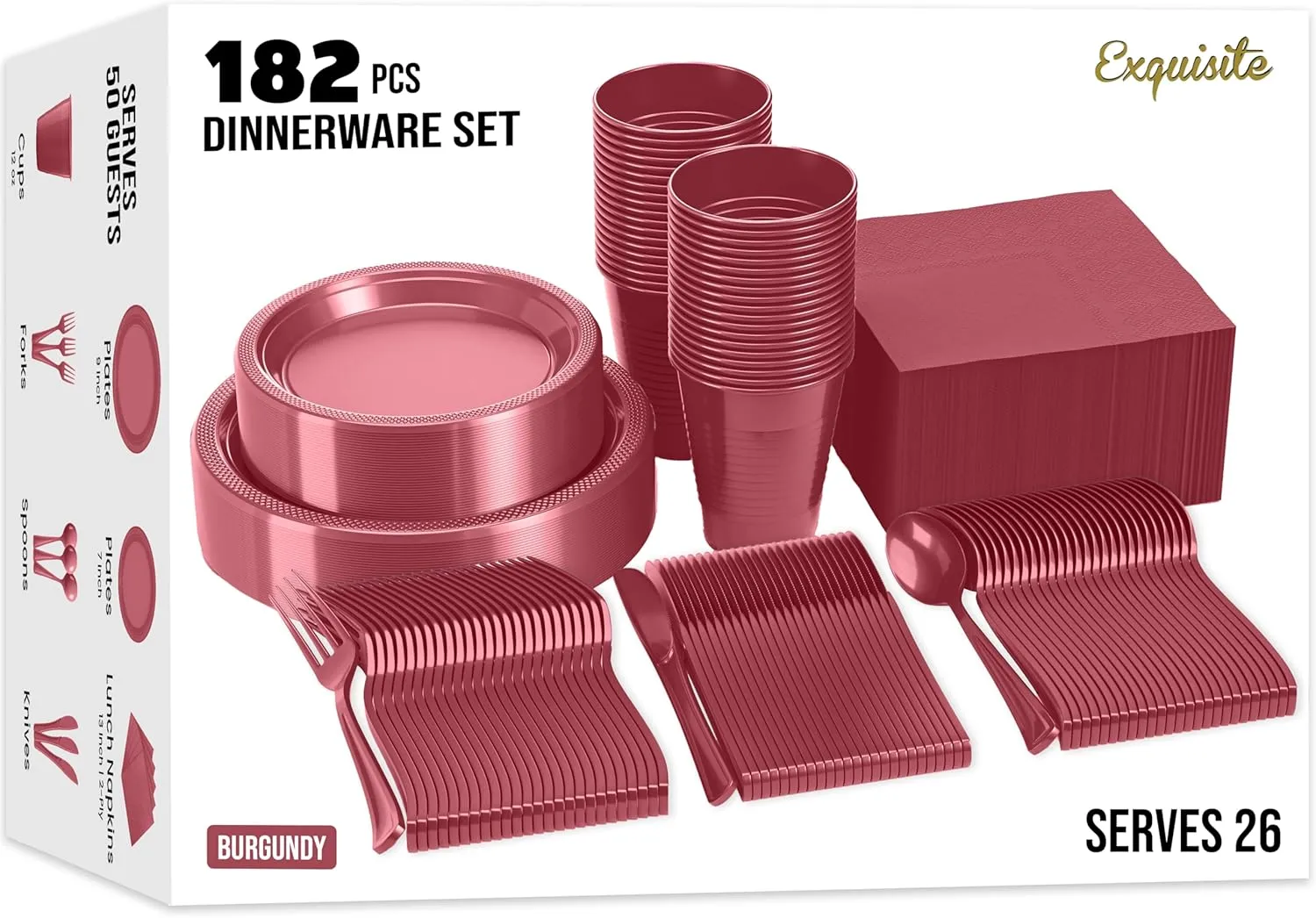 182 Pcs Burgundy Plastic Plates For Party, Burgundy Disposable Plates Set, 26 Of Each 9" Dinner Plate Set, 7" Dessert Plate, Cups, Napkins & Cutlery Plastic Dinnerware Exquisite