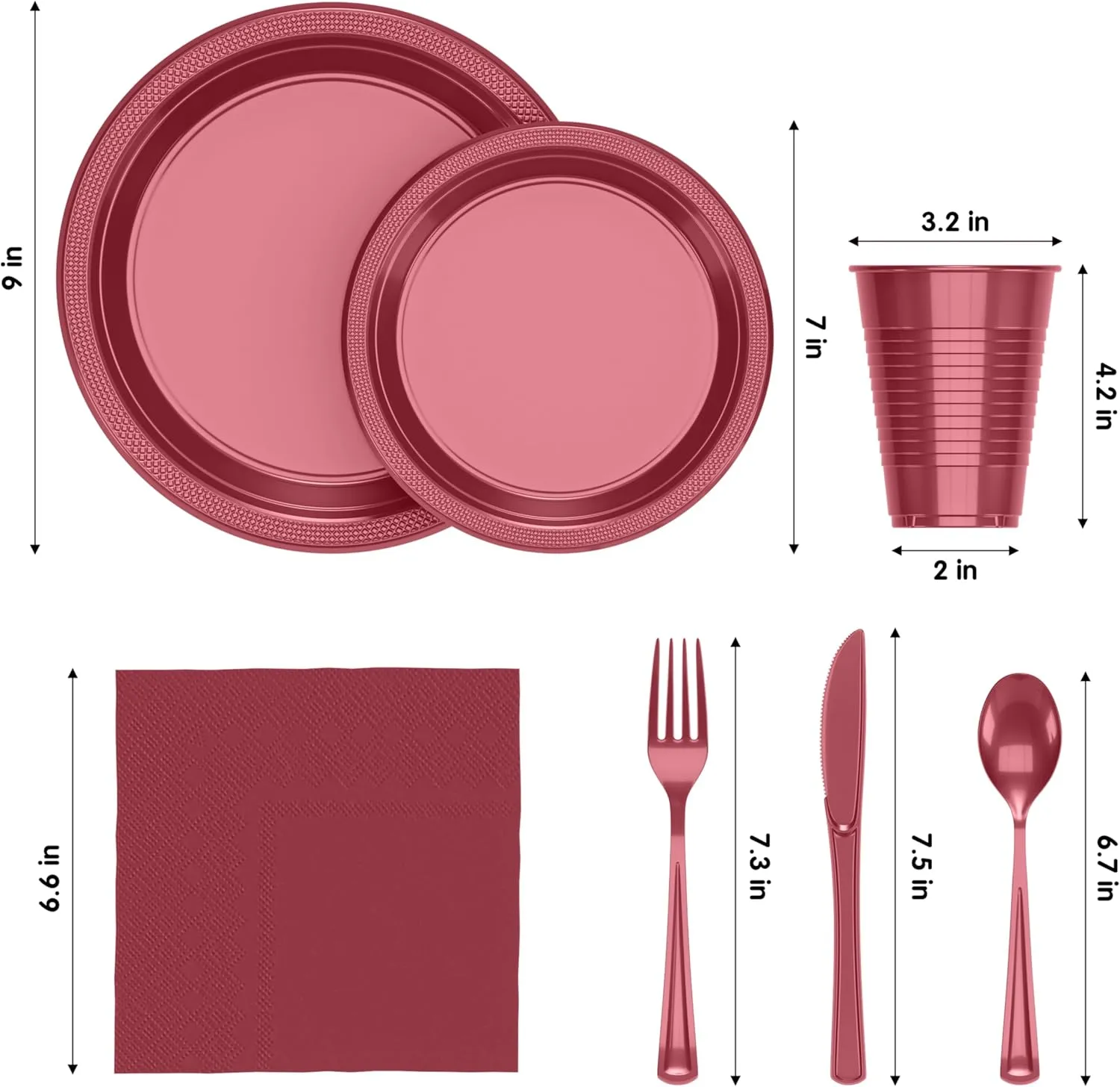 182 Pcs Burgundy Plastic Plates For Party, Burgundy Disposable Plates Set, 26 Of Each 9" Dinner Plate Set, 7" Dessert Plate, Cups, Napkins & Cutlery Plastic Dinnerware Exquisite