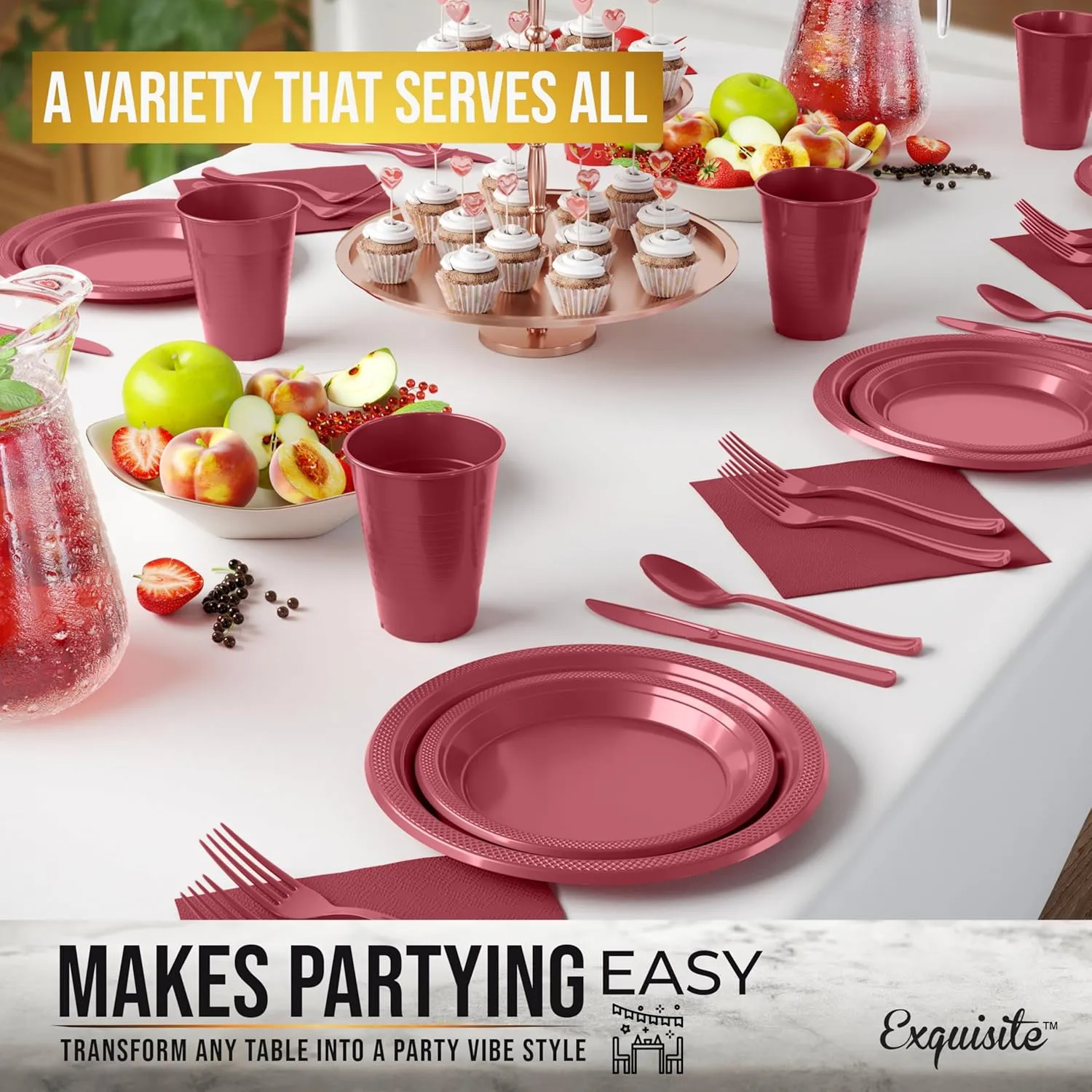 182 Pcs Burgundy Plastic Plates For Party, Burgundy Disposable Plates Set, 26 Of Each 9" Dinner Plate Set, 7" Dessert Plate, Cups, Napkins & Cutlery Plastic Dinnerware Exquisite