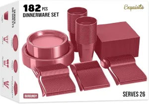 182 Pcs Burgundy Plastic Plates For Party, Burgundy Disposable Plates Set, 26 Of Each 9" Dinner Plate Set, 7" Dessert Plate, Cups, Napkins & Cutlery Plastic Dinnerware Exquisite