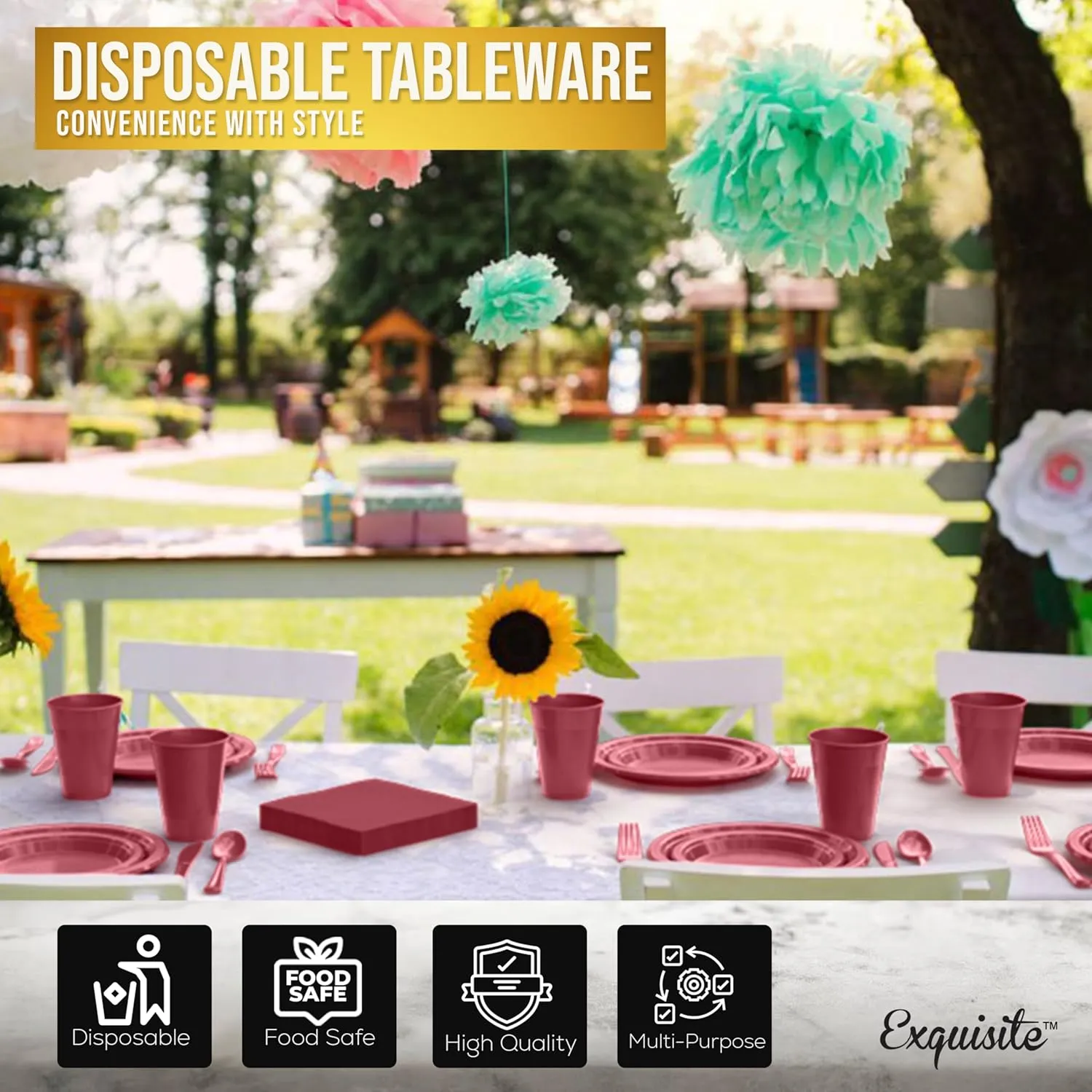 182 Pcs Burgundy Plastic Plates For Party, Burgundy Disposable Plates Set, 26 Of Each 9" Dinner Plate Set, 7" Dessert Plate, Cups, Napkins & Cutlery Plastic Dinnerware Exquisite