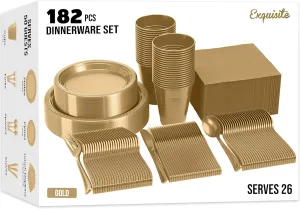 182 Pcs Gold Plastic Plates For Party, Gold Disposable Plates Set, 26 Of Each 9" Dinner Plate Set, 7" Dessert Plate, Cups, Napkins & Cutlery Plastic Dinnerware Exquisite