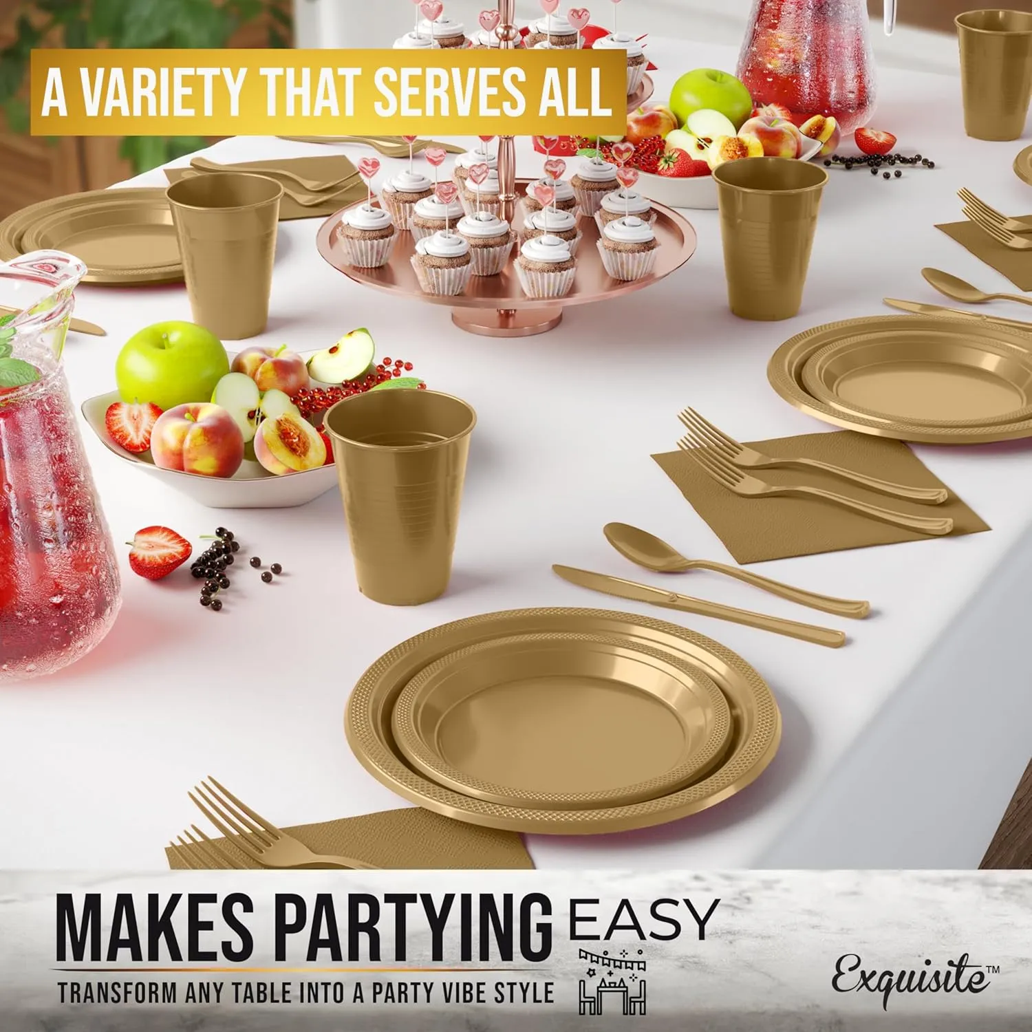 182 Pcs Gold Plastic Plates For Party, Gold Disposable Plates Set, 26 Of Each 9" Dinner Plate Set, 7" Dessert Plate, Cups, Napkins & Cutlery Plastic Dinnerware Exquisite