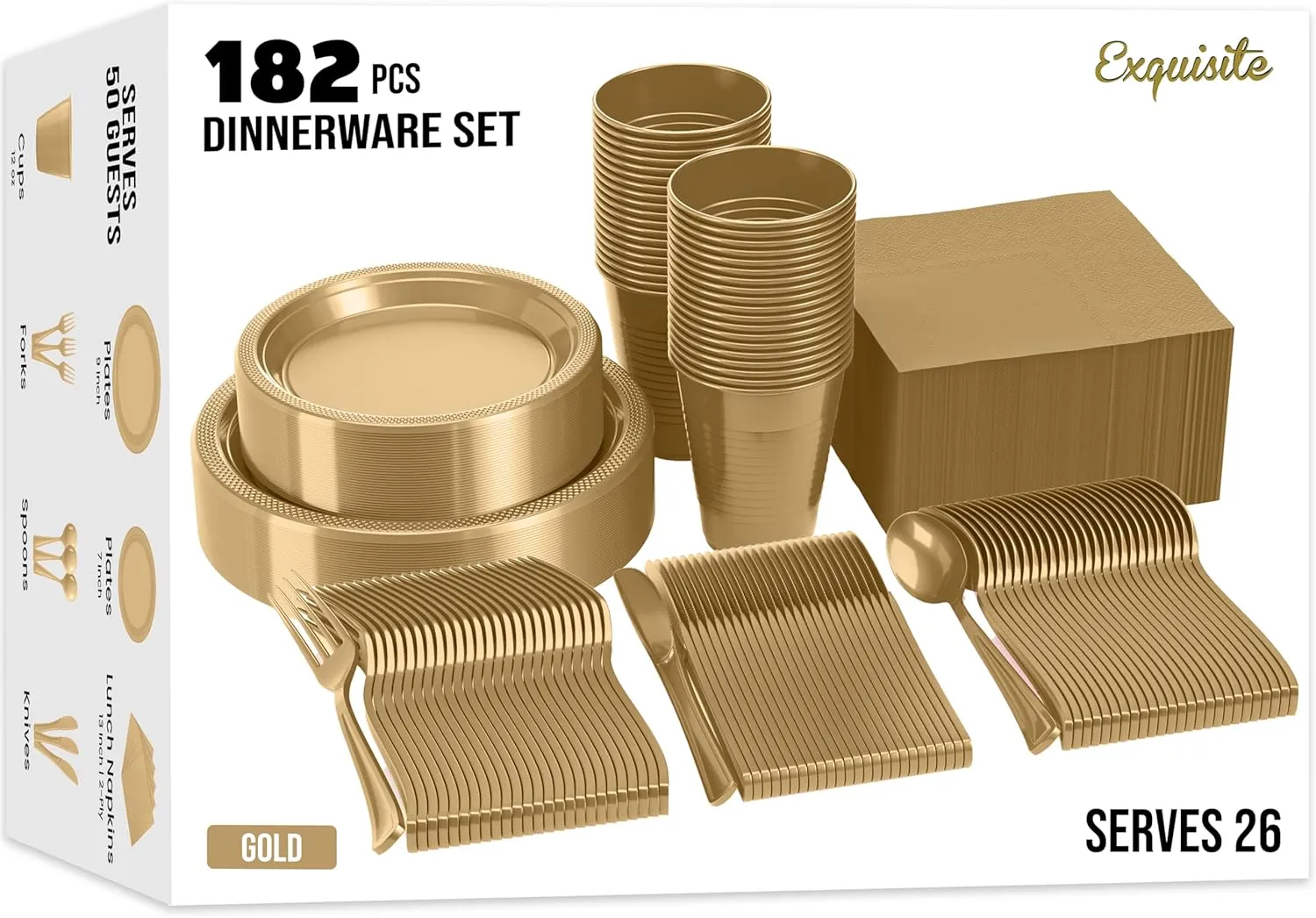 182 Pcs Gold Plastic Plates For Party, Gold Disposable Plates Set, 26 Of Each 9" Dinner Plate Set, 7" Dessert Plate, Cups, Napkins & Cutlery Plastic Dinnerware Exquisite