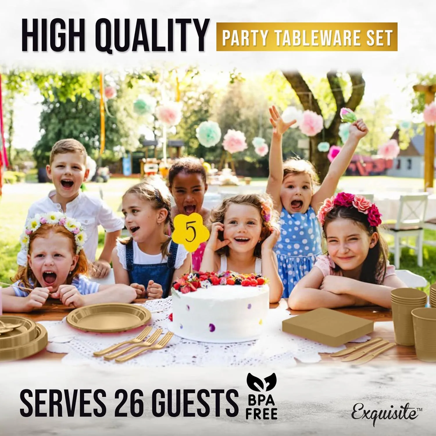 182 Pcs Gold Plastic Plates For Party, Gold Disposable Plates Set, 26 Of Each 9" Dinner Plate Set, 7" Dessert Plate, Cups, Napkins & Cutlery Plastic Dinnerware Exquisite