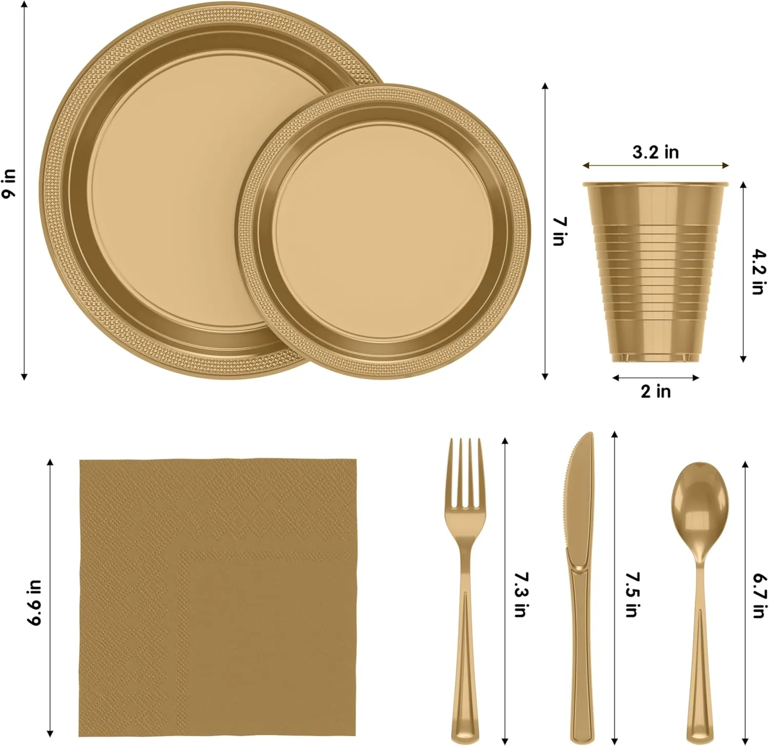 182 Pcs Gold Plastic Plates For Party, Gold Disposable Plates Set, 26 Of Each 9" Dinner Plate Set, 7" Dessert Plate, Cups, Napkins & Cutlery Plastic Dinnerware Exquisite