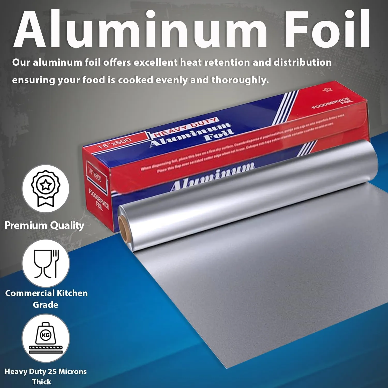 18" x 500" (1 Pack) Standard Aluminum Foil Roll - Food Service Heavy Duty Aluminum Foil Roll - Commercial Grade Disposable Foil for Food Service Industry and Home Use
