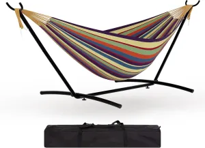 2-Person Hammock Suite with Collapsible Steel Frame – Backyard Oasis & Camping Essential (450lb Support, UV-Resistant   Storage Bag),Yellow Rainbow Stripes