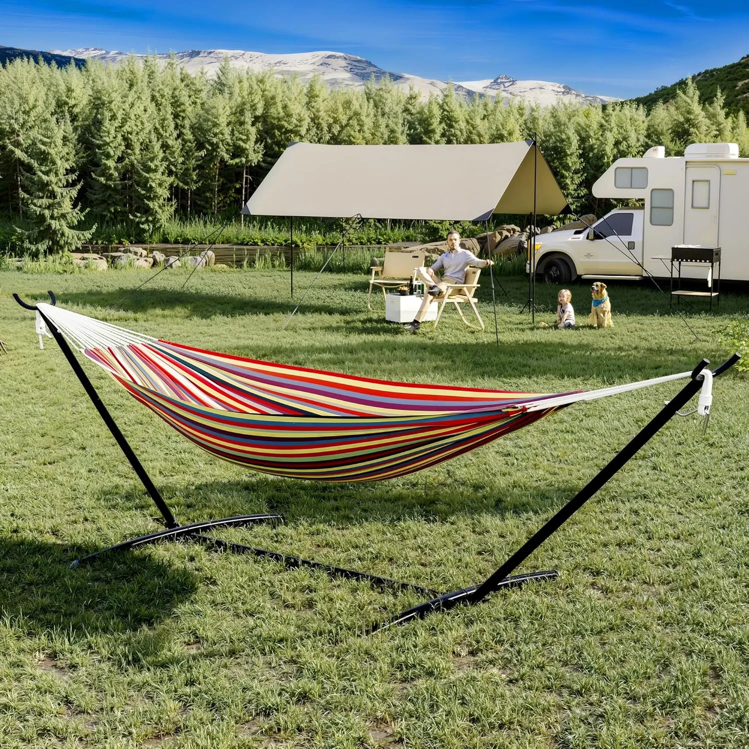 2-Person Hammock Suite with Collapsible Steel Frame – Backyard Oasis & Camping Essential (450lb Support, UV-Resistant   Storage Bag),Yellow Rainbow Stripes