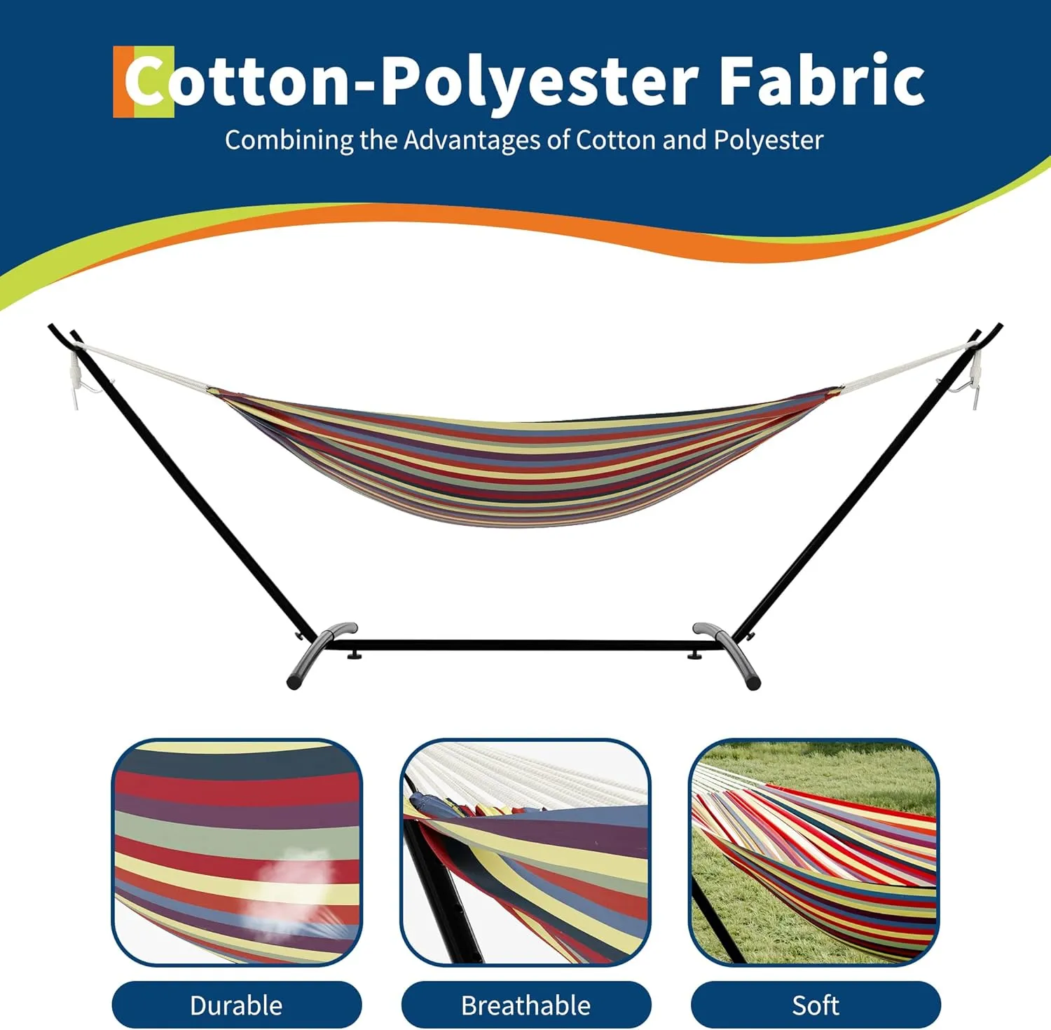 2-Person Hammock Suite with Collapsible Steel Frame – Backyard Oasis & Camping Essential (450lb Support, UV-Resistant   Storage Bag),Yellow Rainbow Stripes