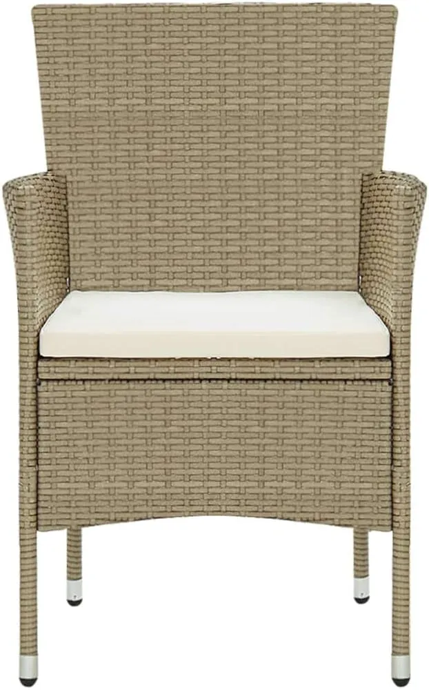 2-Piece Poly Rattan Dining Chairs Outdoor Patio Furniture Set with Steel Frame Beige Modern Design and Cream Cushions for Backyard Poolside Camping