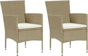 2-Piece Poly Rattan Dining Chairs Outdoor Patio Furniture Set with Steel Frame Beige Modern Design and Cream Cushions for Backyard Poolside Camping
