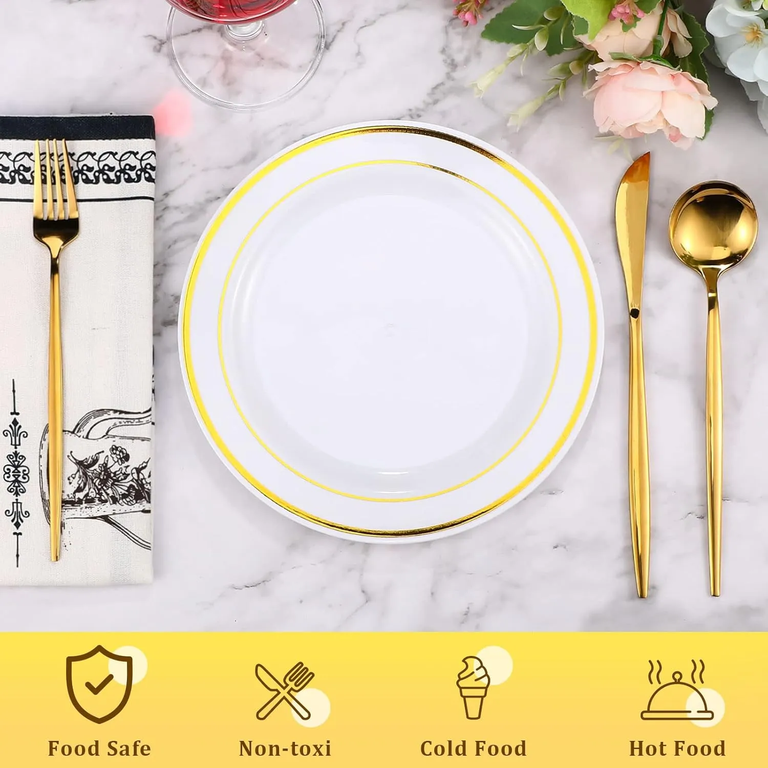 200 Pieces Disposable Plates Plastic Party Plates with Rim Hard Plastic Appetizer Salad Dessert 7.5 Inch Elegant Heavy Duty Tableware for Dinner Wedding Party Supplies(Gold Rim)