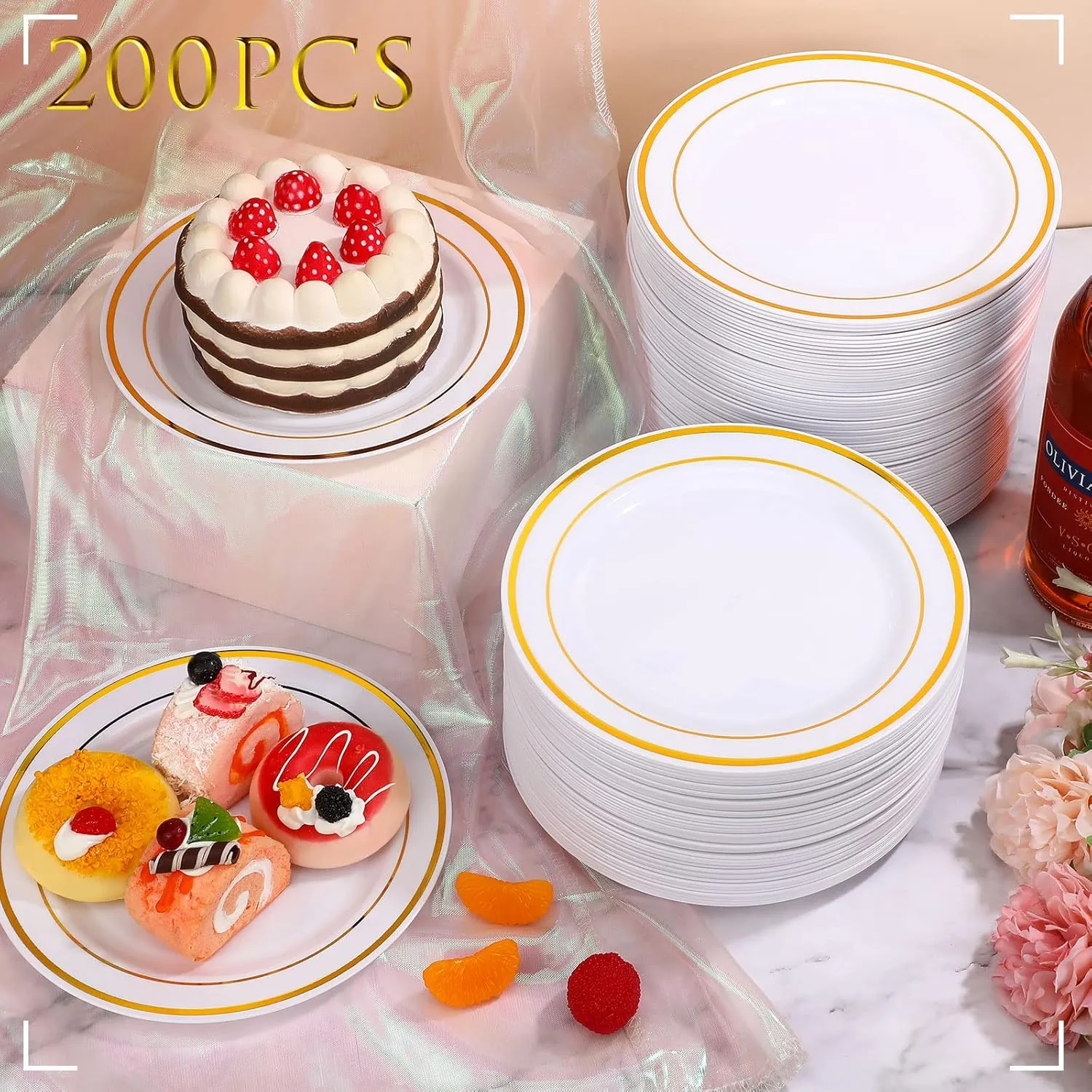 200 Pieces Disposable Plates Plastic Party Plates with Rim Hard Plastic Appetizer Salad Dessert 7.5 Inch Elegant Heavy Duty Tableware for Dinner Wedding Party Supplies(Gold Rim)