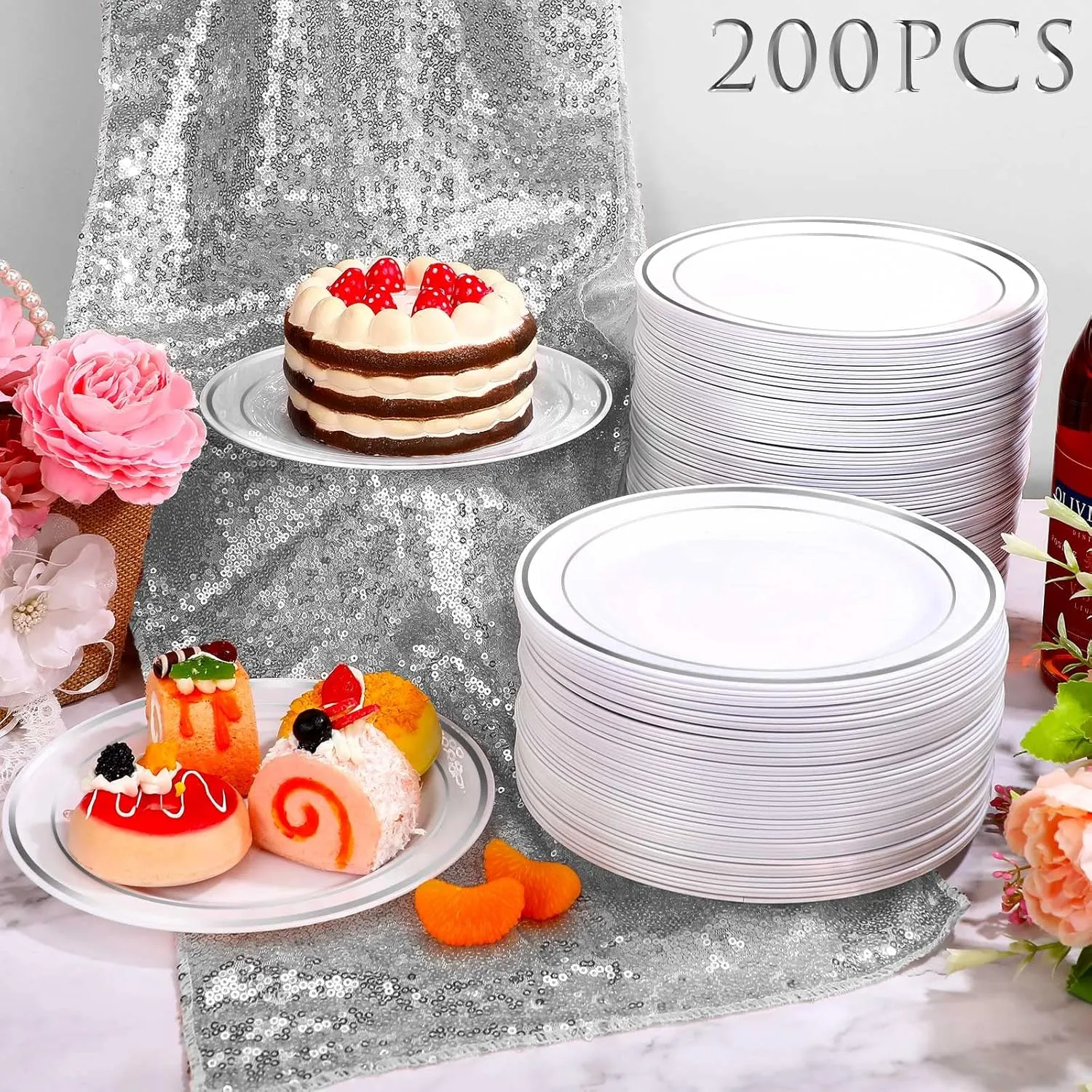 200 Pieces Disposable Plates Plastic Party Plates with Rim Hard Plastic Appetizer Salad Dessert 7.5 Inch Elegant Heavy Duty Tableware for Dinner Wedding Party Supplies(Silver Rim)