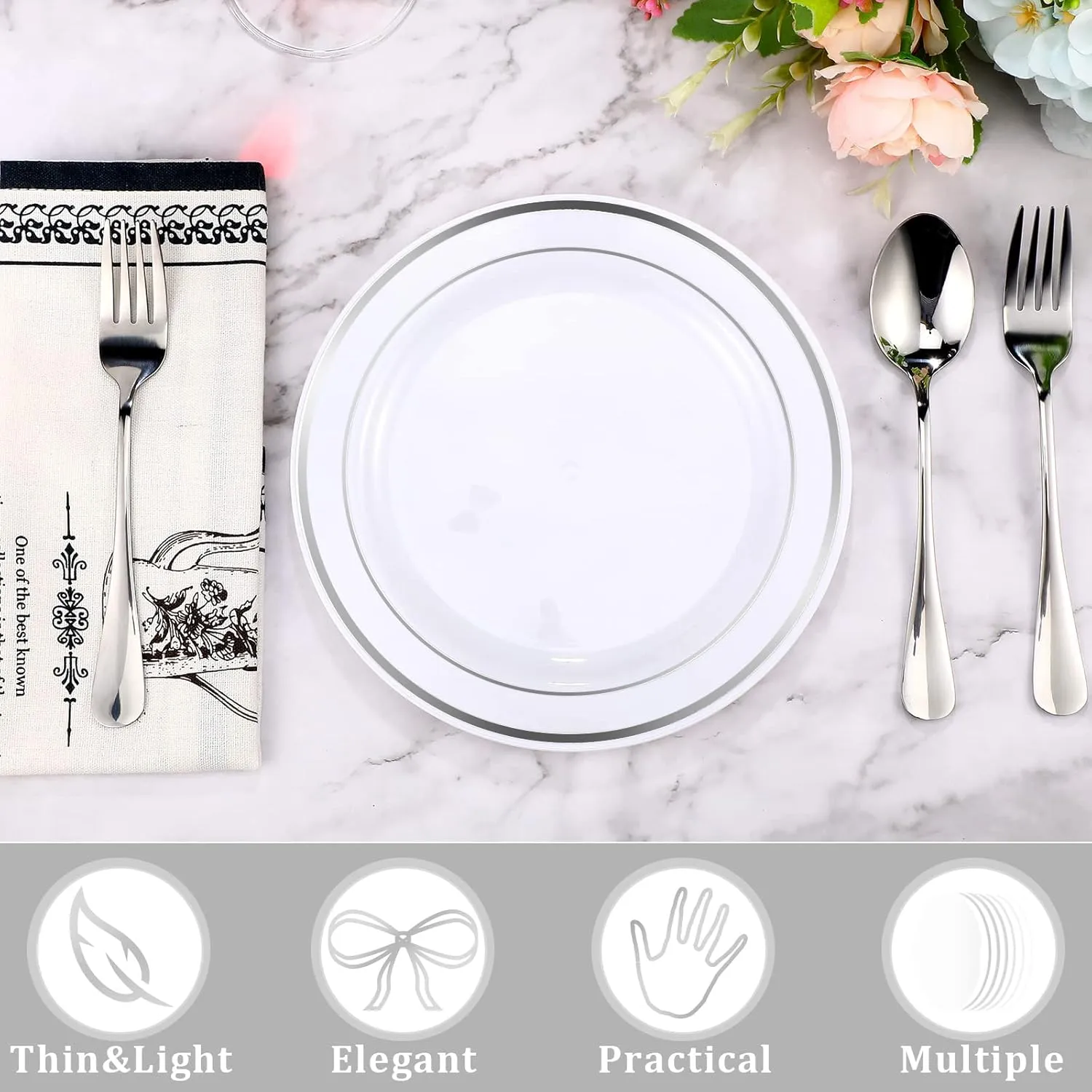 200 Pieces Disposable Plates Plastic Party Plates with Rim Hard Plastic Appetizer Salad Dessert 7.5 Inch Elegant Heavy Duty Tableware for Dinner Wedding Party Supplies(Silver Rim)