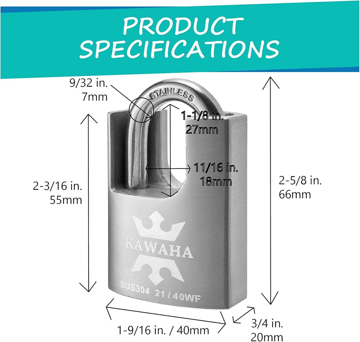 21/40KD-5SK High Security Stainless Steel Shrouded Padlock with Key for Both Indoor and Outdoor use (Heavy Duty, Anti-Rust) (1-9/16 in. (40mm), Keyed Different - 5 Stainless Steel Keys)