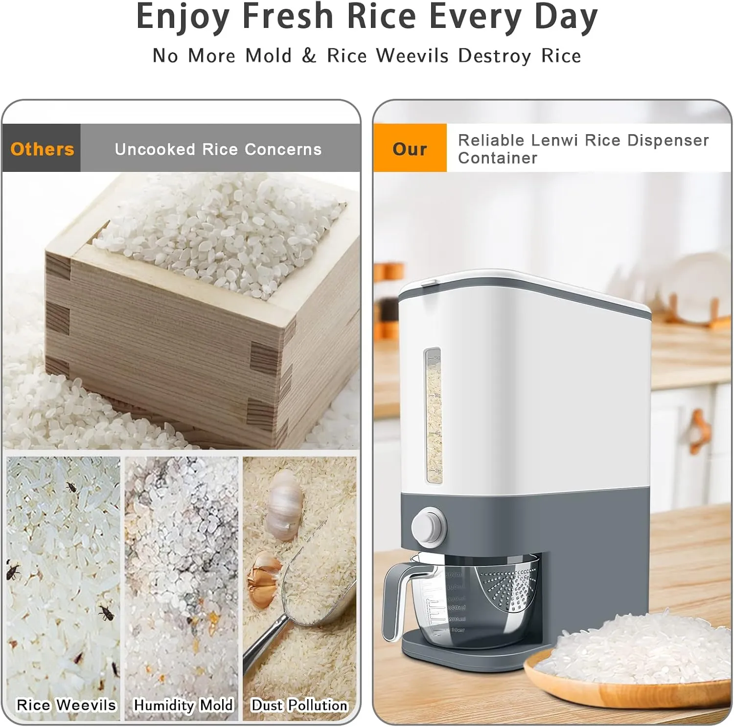 22-25 Lbs Rice Dispenser, Large Cereal Dry Food Storage Containers with Measuring Cup,BPA-Free Household for Kitchen Pantry Organization-Grey