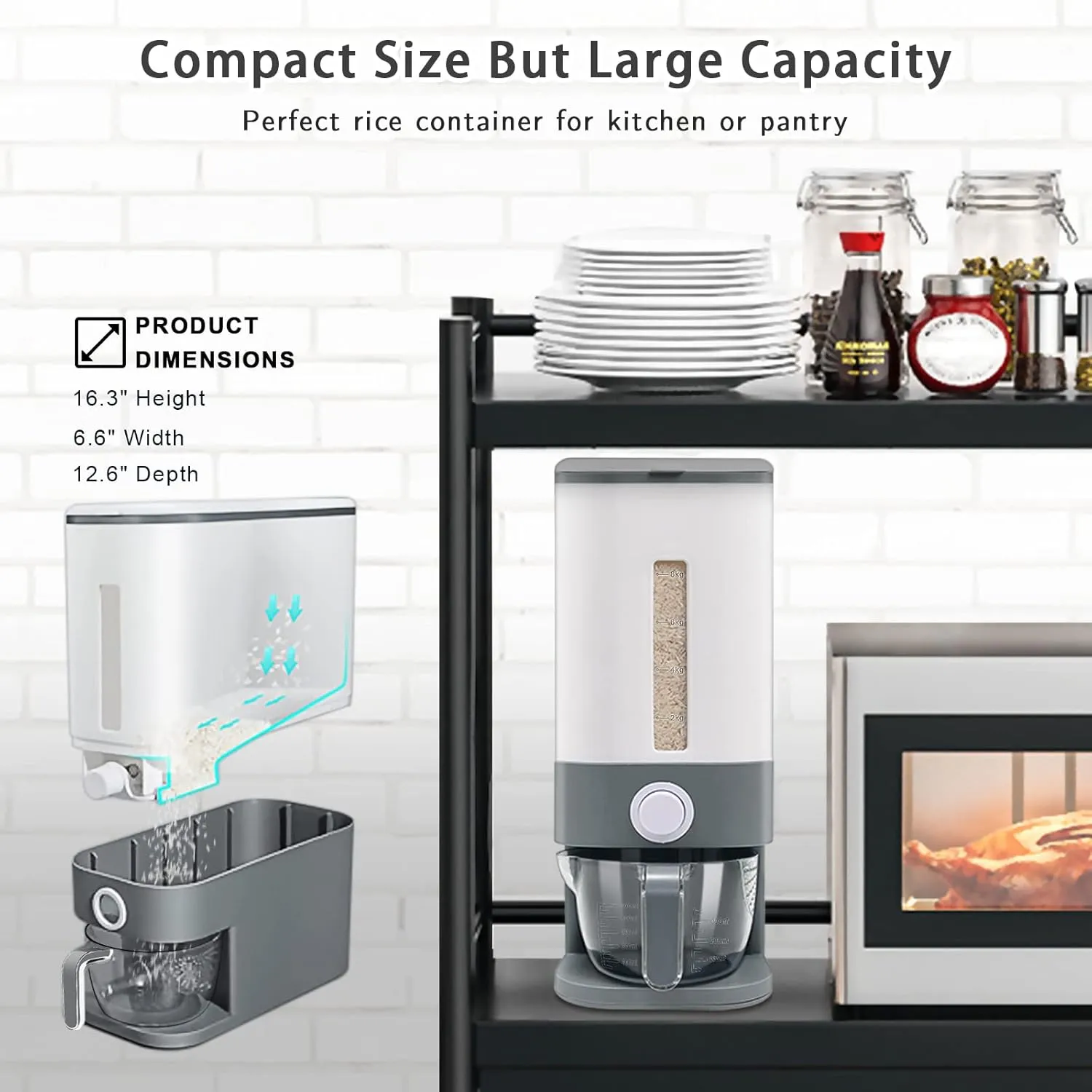 22-25 Lbs Rice Dispenser, Large Cereal Dry Food Storage Containers with Measuring Cup,BPA-Free Household for Kitchen Pantry Organization-Grey