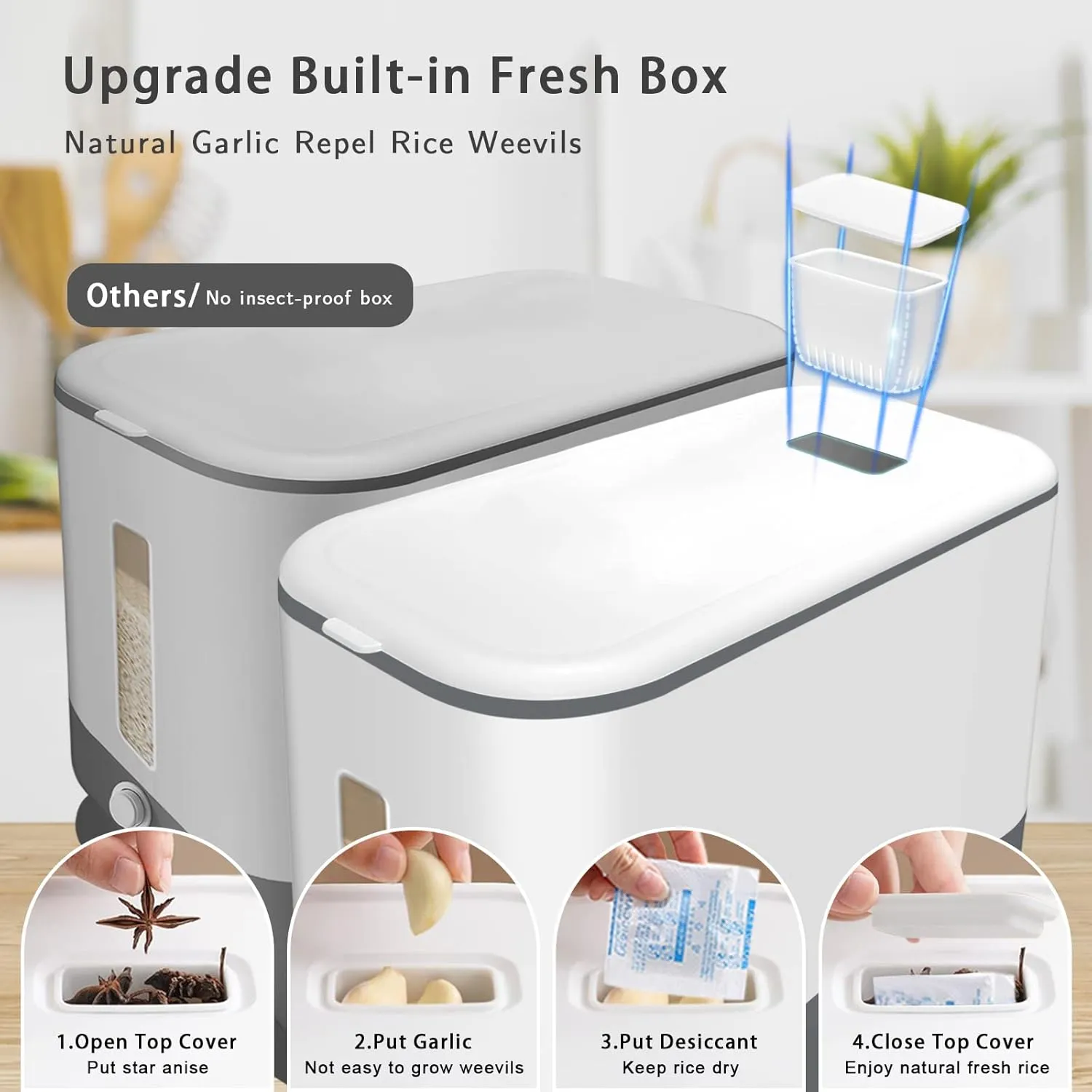 22-25 Lbs Rice Dispenser, Large Cereal Dry Food Storage Containers with Measuring Cup,BPA-Free Household for Kitchen Pantry Organization-Grey