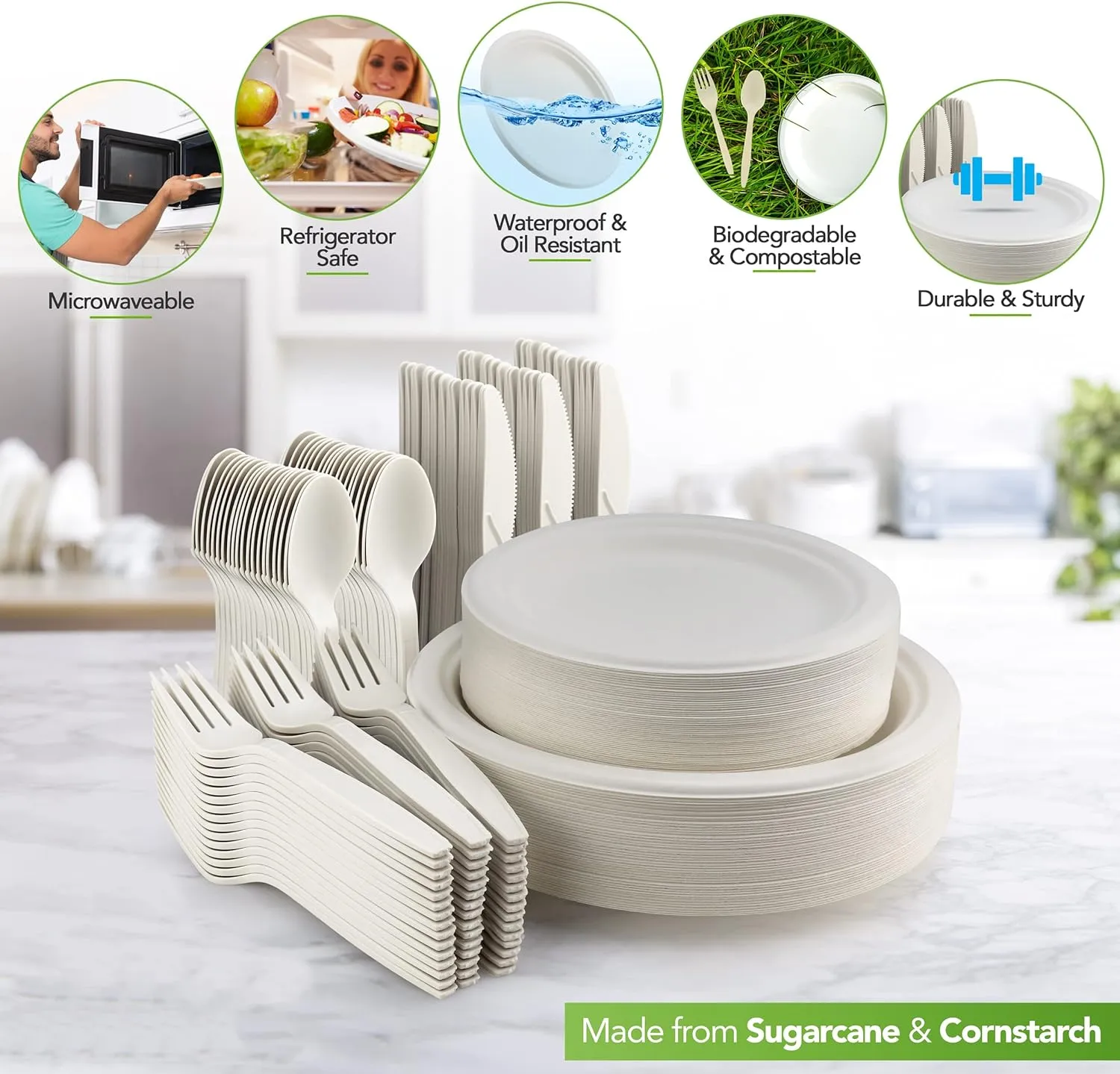 250 Piece Biodegradable Paper Plates Set (EXTRA LONG UTENSILS), Disposable Dinnerware Set, Eco Friendly Compostable Plates & Utensil include Plates, Forks, Knives and Spoons for Party