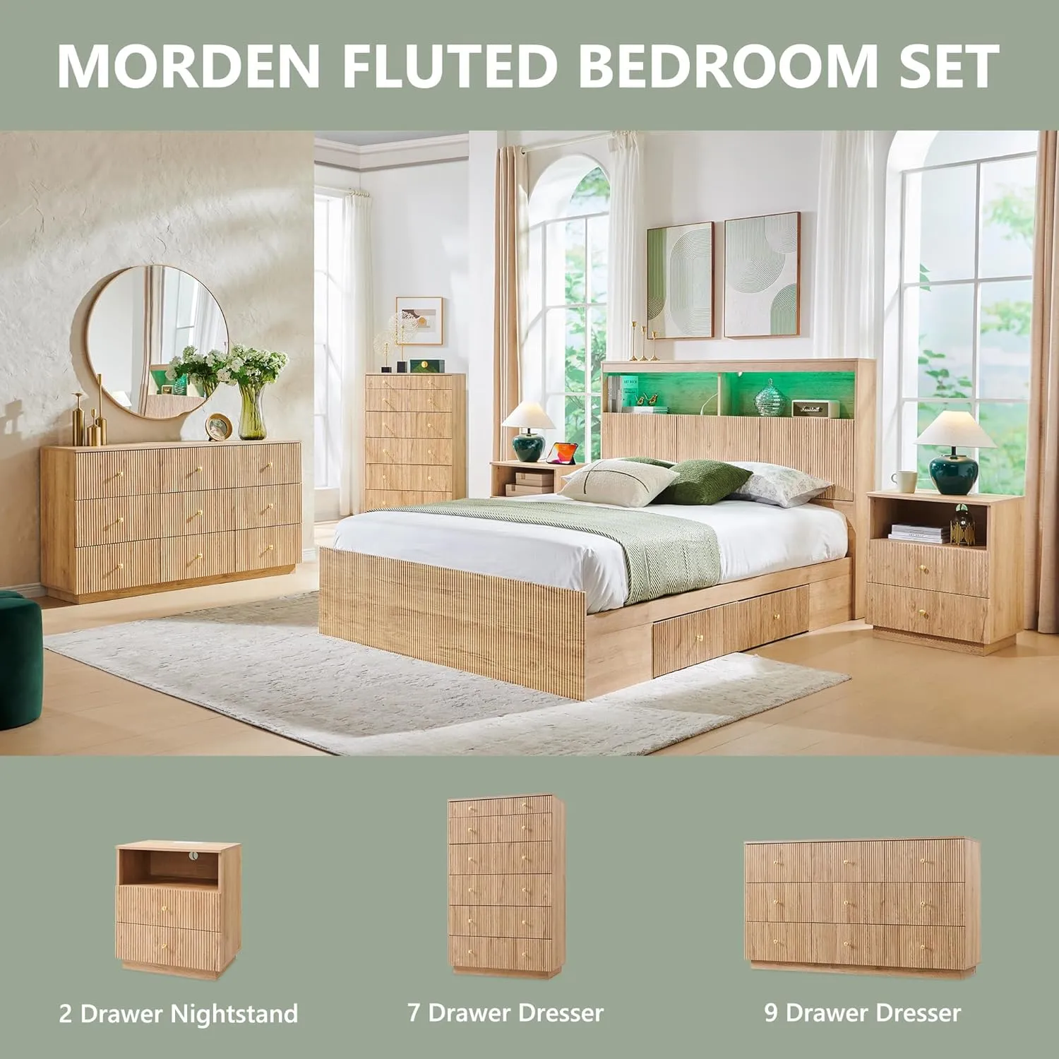 25.98" Tall Modern Nightstand Set of 2, 21.65" Wide Wood Night Stand w/2 Storage Drawers and Open Shelf, Small Dresser w/Fluted Profile Design for Bedroom, Natural