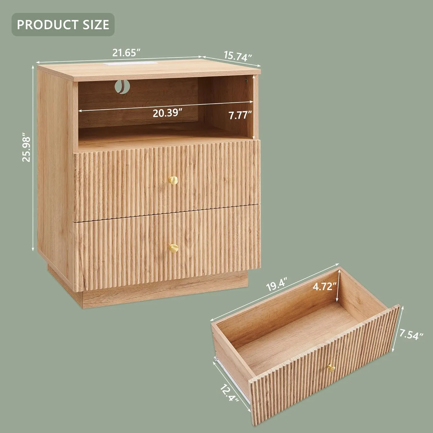 25.98" Tall Modern Nightstand Set of 2, 21.65" Wide Wood Night Stand w/2 Storage Drawers and Open Shelf, Small Dresser w/Fluted Profile Design for Bedroom, Natural
