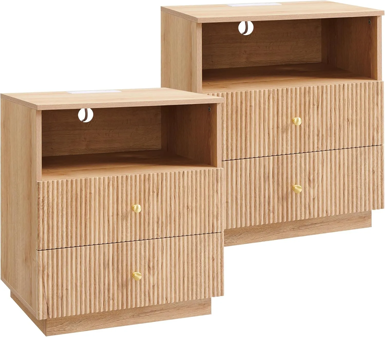 25.98" Tall Modern Nightstand Set of 2, 21.65" Wide Wood Night Stand w/2 Storage Drawers and Open Shelf, Small Dresser w/Fluted Profile Design for Bedroom, Natural