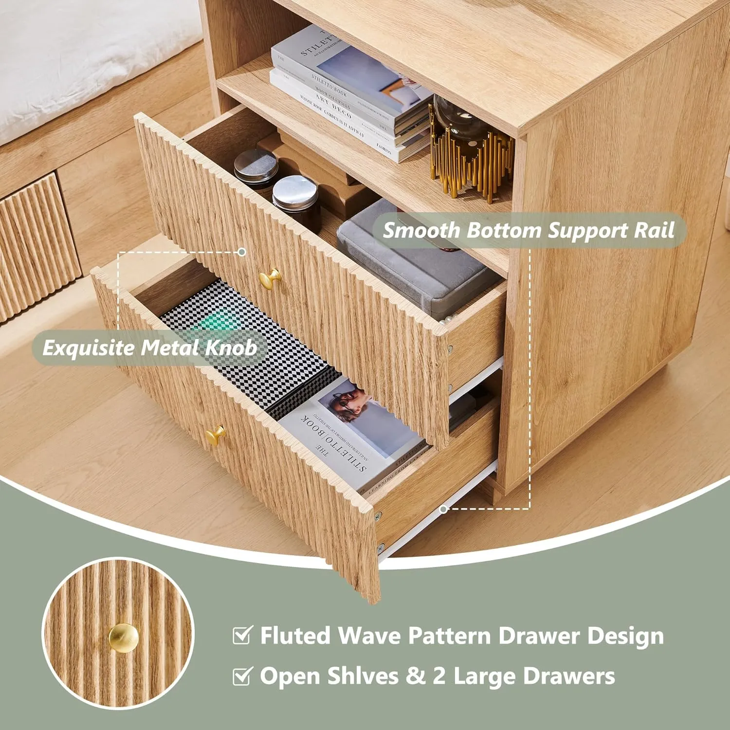 25.98" Tall Modern Nightstand Set of 2, 21.65" Wide Wood Night Stand w/2 Storage Drawers and Open Shelf, Small Dresser w/Fluted Profile Design for Bedroom, Natural