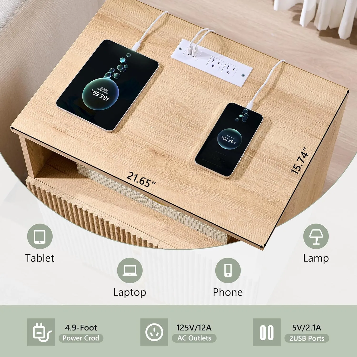 25.98" Tall Modern Nightstand Set of 2, 21.65" Wide Wood Night Stand w/2 Storage Drawers and Open Shelf, Small Dresser w/Fluted Profile Design for Bedroom, Natural