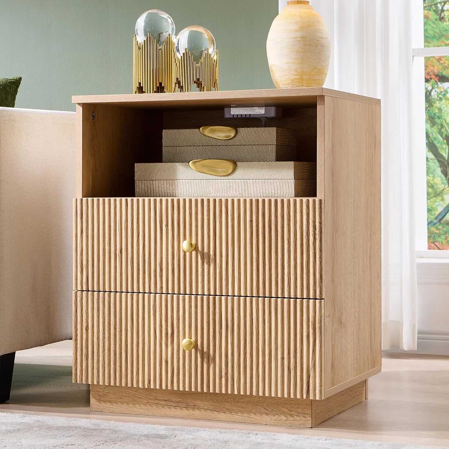 25.98" Tall Modern Nightstand Set of 2, 21.65" Wide Wood Night Stand w/2 Storage Drawers and Open Shelf, Small Dresser w/Fluted Profile Design for Bedroom, Natural