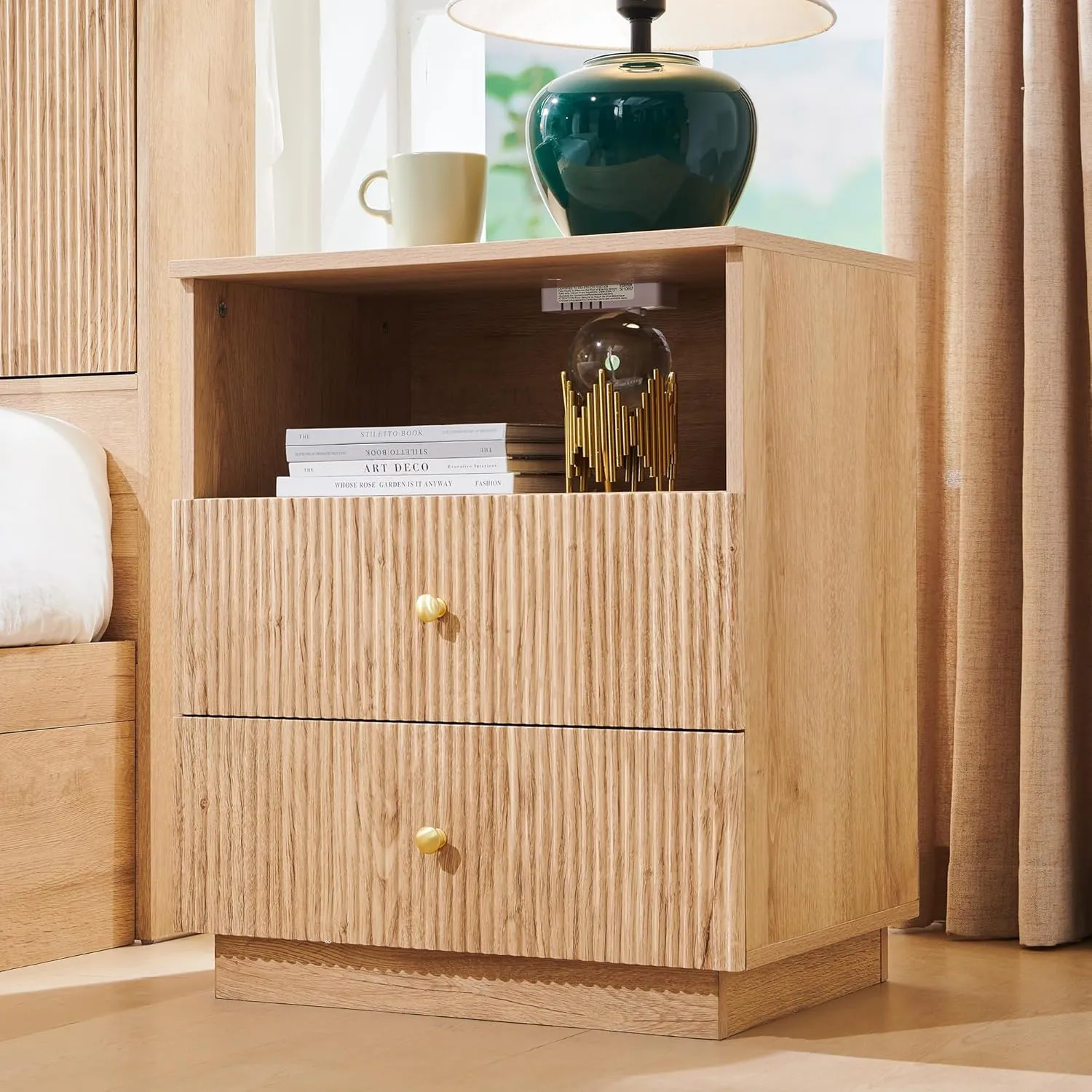 25.98" Tall Modern Nightstand Set of 2, 21.65" Wide Wood Night Stand w/2 Storage Drawers and Open Shelf, Small Dresser w/Fluted Profile Design for Bedroom, Natural