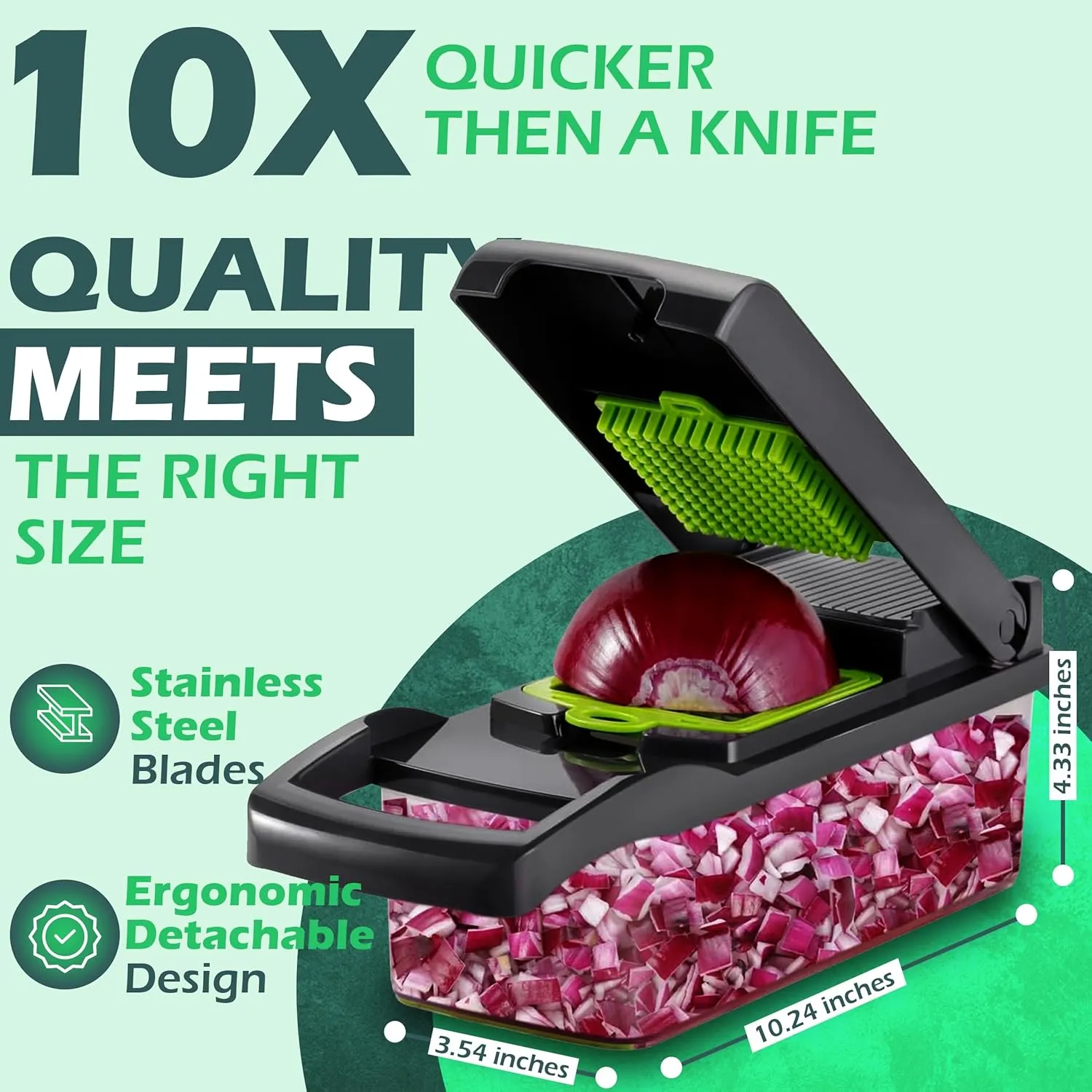 26-in-1 - Heavy Duty Vegetable Chopper with Container - Stainless Steel Blades - Slicer, Chopper, Spiral & Dicer for Veggies With Hand Guard, Cut Resistant Gloves & Cleaning Brushes - Green