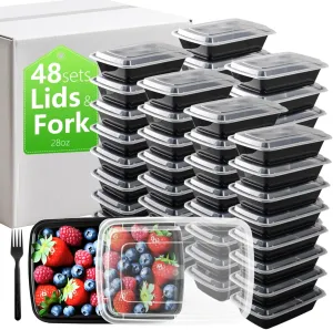 28oz Meal Prep Containers Microwave Safe Food Containers with Lids and Forks 48 Set, To Go Snack Containers Freezer Portion Container, Plastic Food Storage Lunch Box for Women and Men