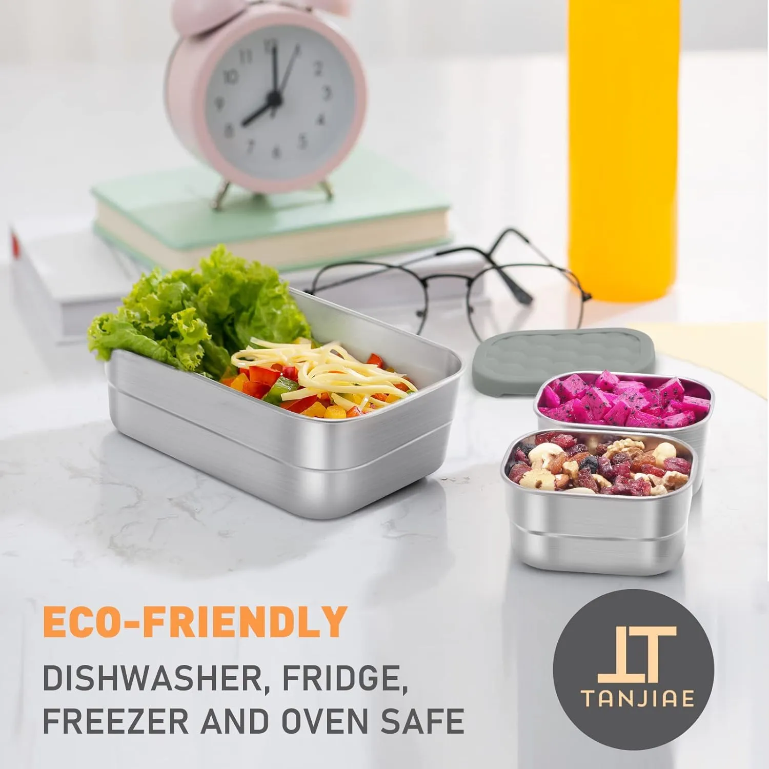3 CUP 1 CUP Stainless Steel Lunch Snack Containers Set | Leak Proof 304 Stainless Steel Food Containers with Silicone Lids - Perfect Metal Lunch Box for School and Daycare (25oz 8oz*2)