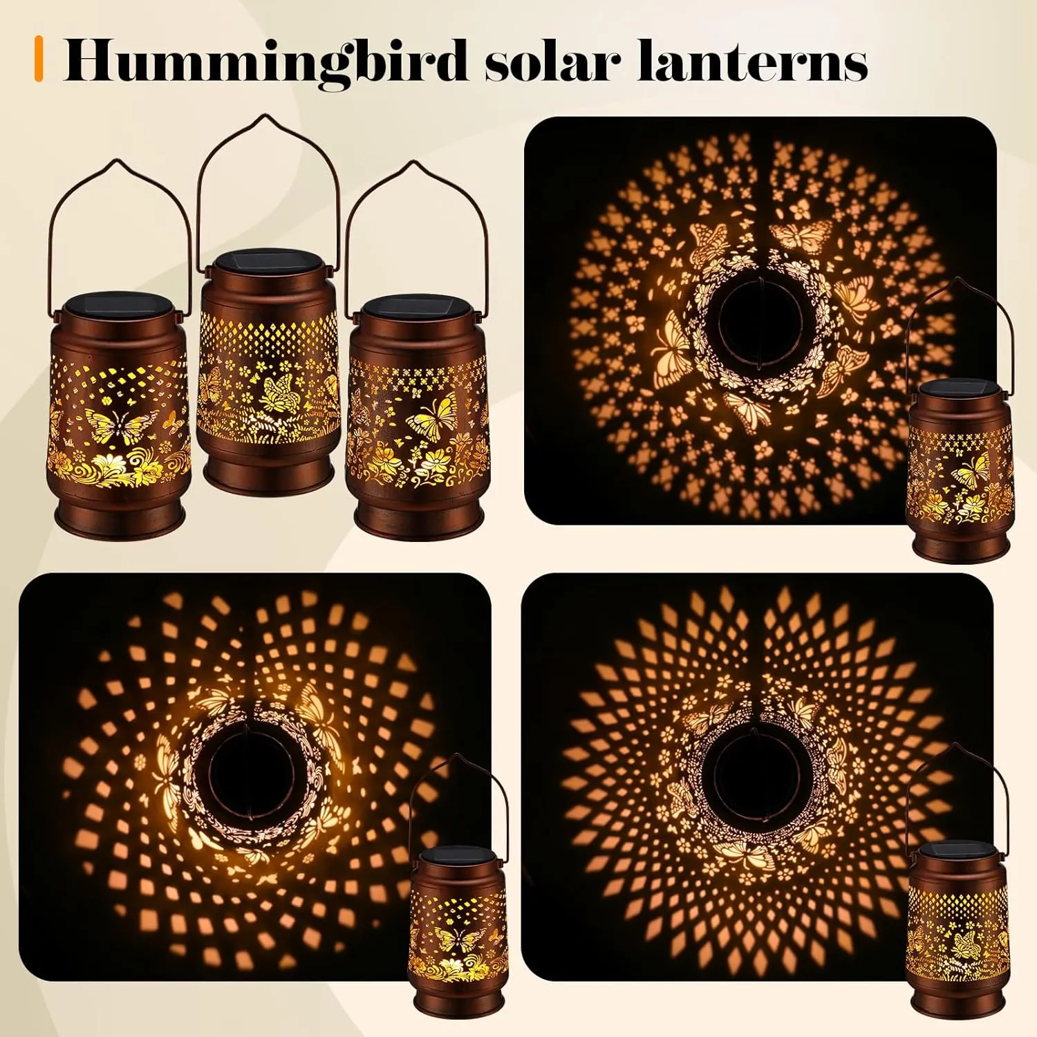 3 Pack Butterfly Solar Lanterns Waterproof Hanging Lights, Metal Decorative LED Lanterns Gifts for Women Men Garden Patio Yard Lawn Backyard Front Porch(Butterfly)