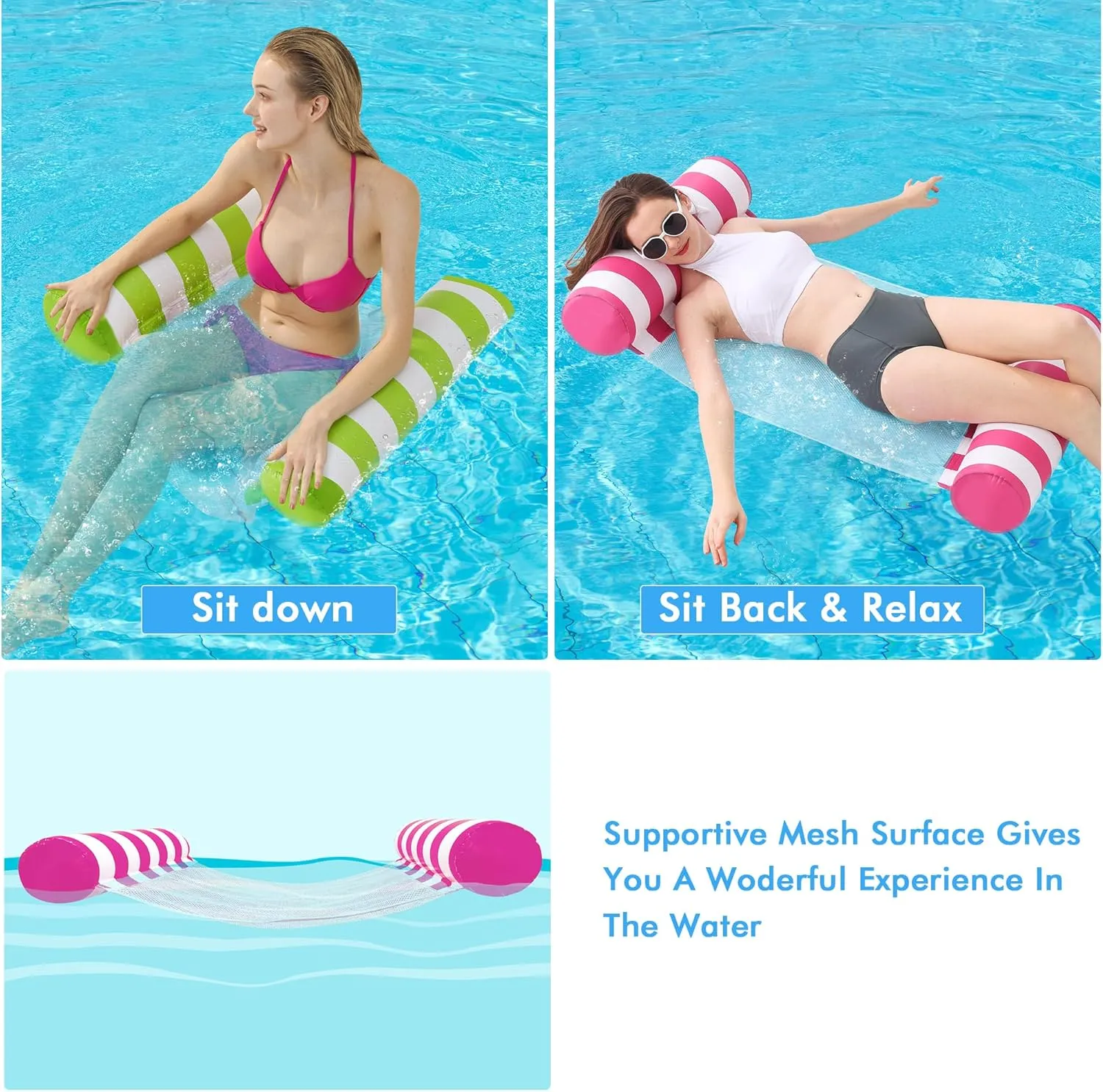 3 Pack Inflatable Pool Floats, OKSUWATER 4-in-1 Water Hammock, Pool Floats Adult Size for Swimming Pool Party Summer Lake Water Fun
