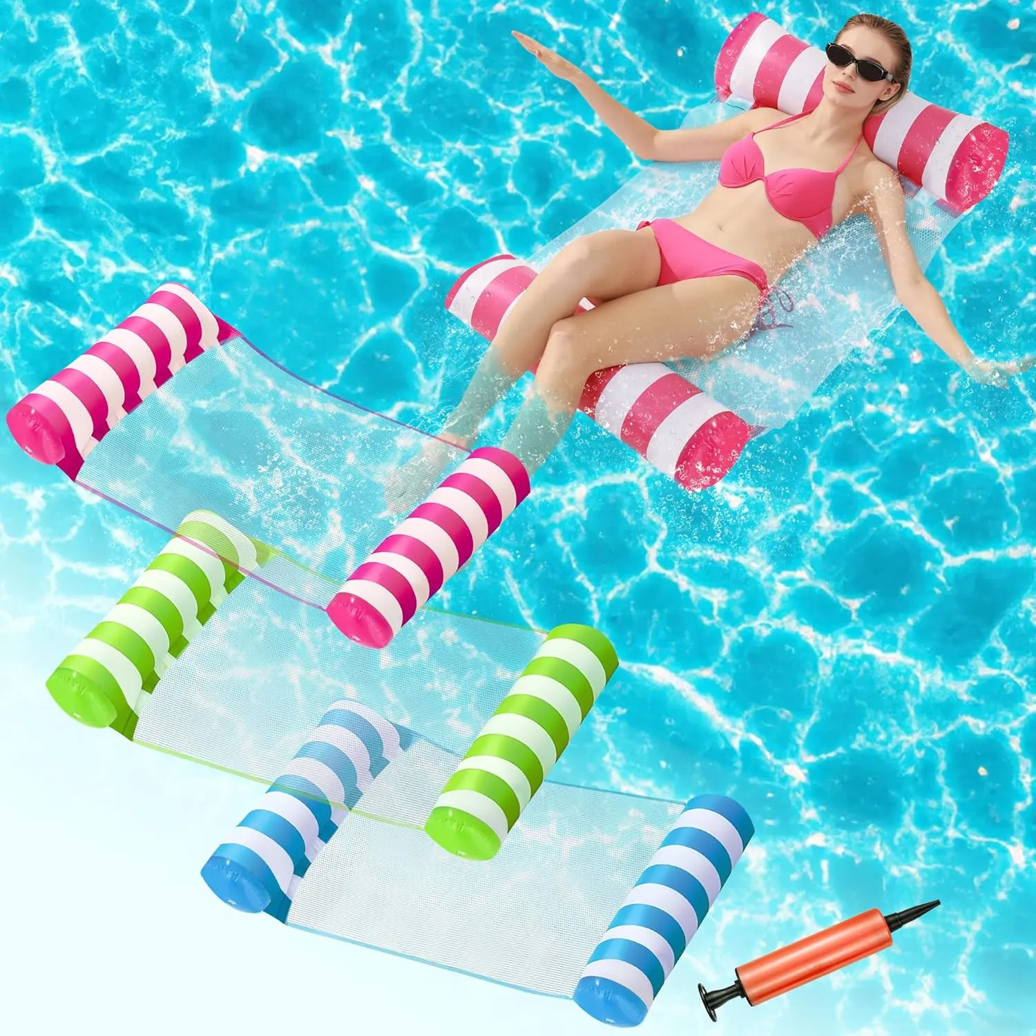 3 Pack Inflatable Pool Floats, OKSUWATER 4-in-1 Water Hammock, Pool Floats Adult Size for Swimming Pool Party Summer Lake Water Fun