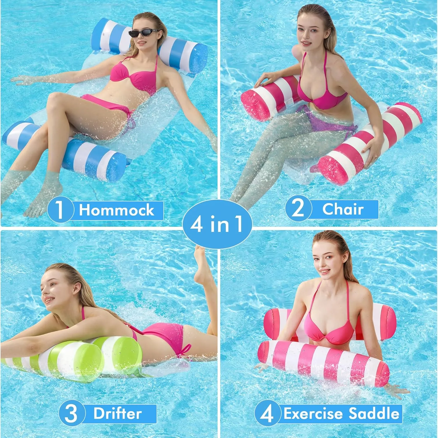 3 Pack Inflatable Pool Floats, OKSUWATER 4-in-1 Water Hammock, Pool Floats Adult Size for Swimming Pool Party Summer Lake Water Fun
